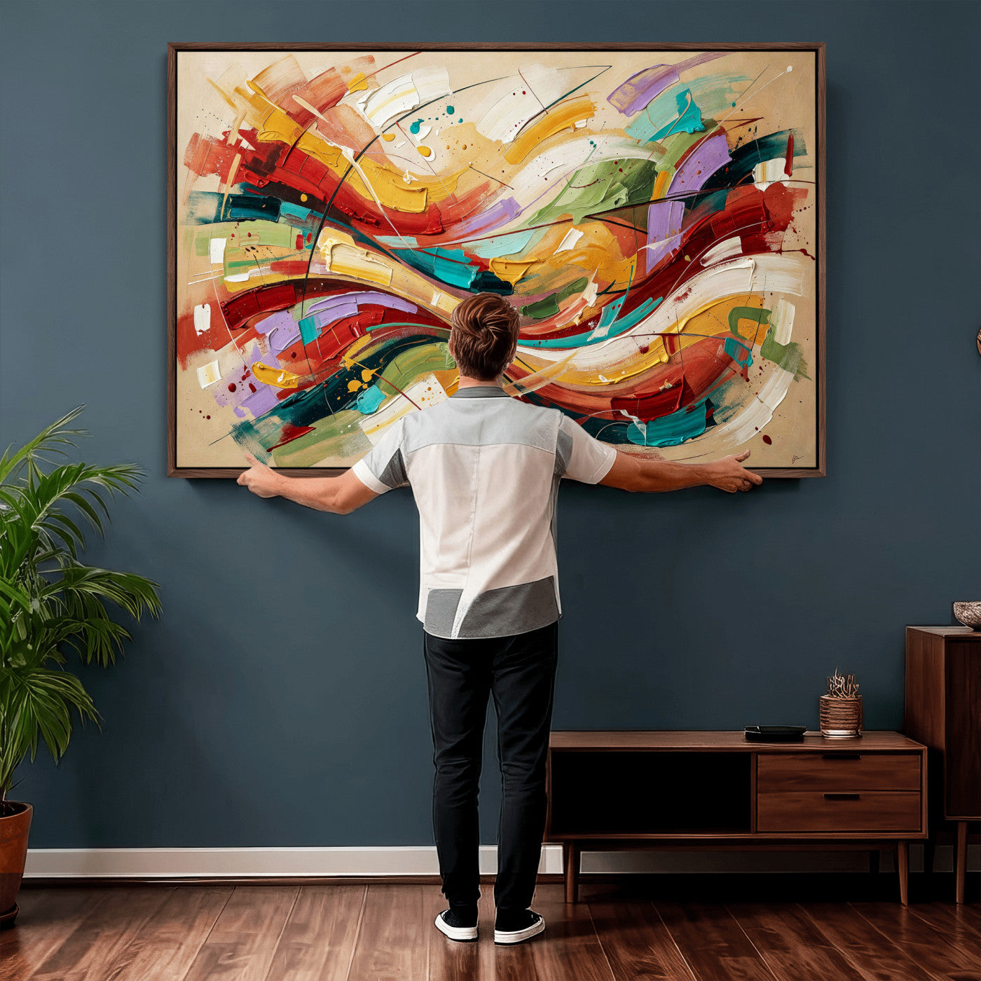 39887645-MGV-CV-36X24 - Geometric Abstract Wall Art Canvas Print, Orange Blue Abstract Expressionist Painting Print, Modern Geometric Abstract Canvas Art