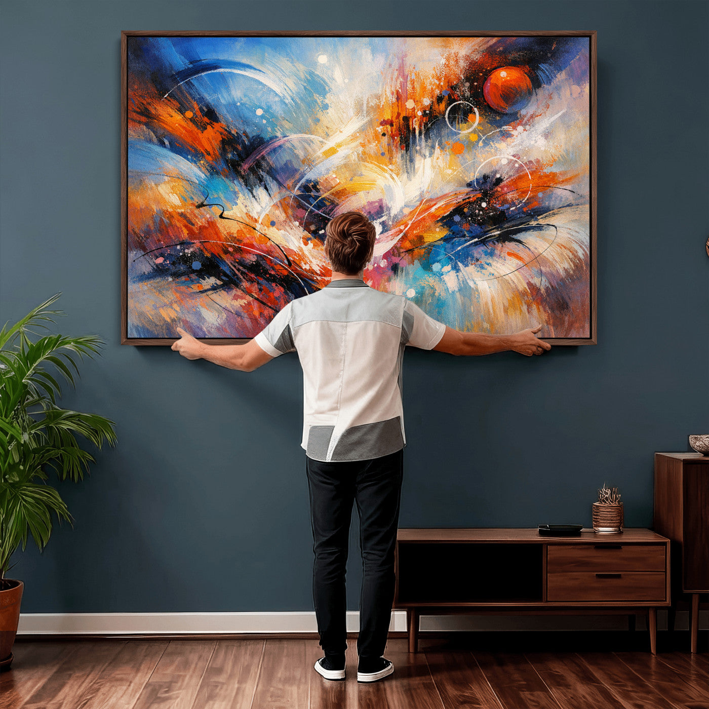 47770355-MGV-CV-36X24 - Geometric Abstract Wall Art Canvas Print, Orange Blue Abstract Expressionist Painting Print, Modern Geometric Abstract Canvas Art