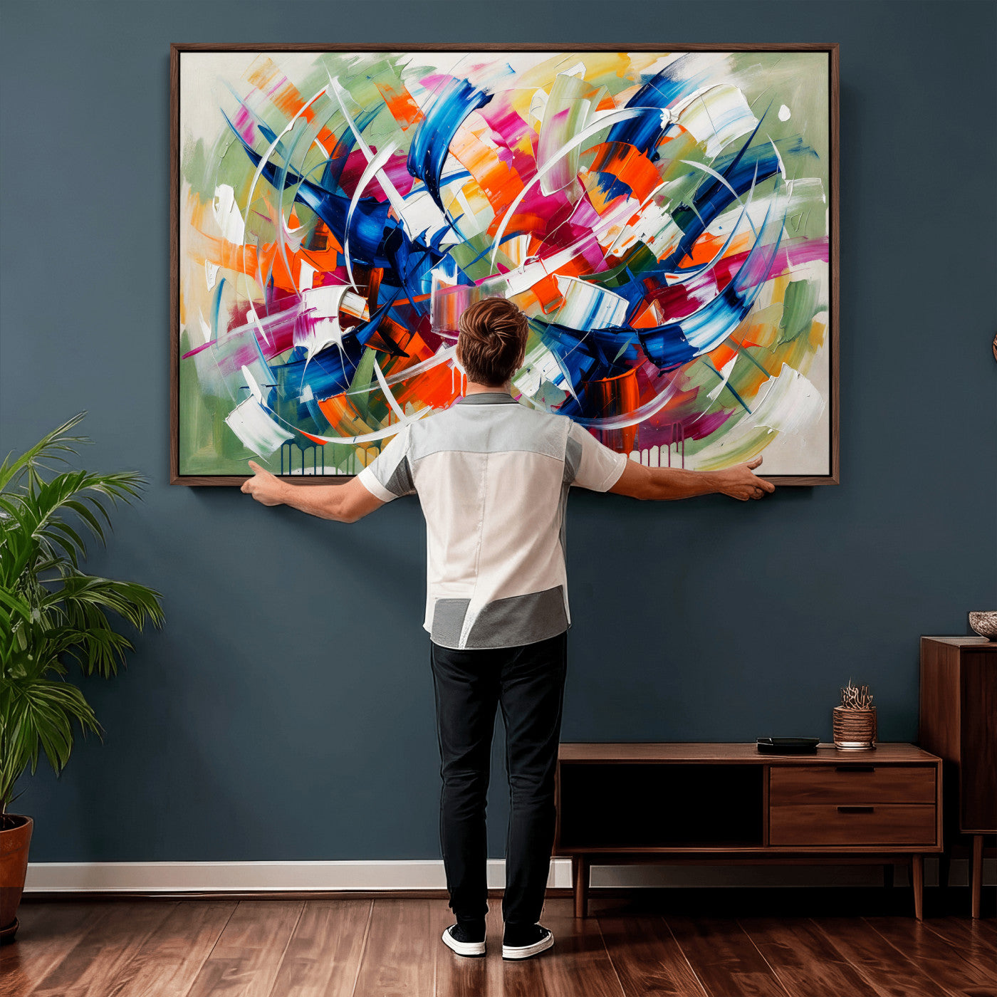 15032888-MGV-CV-36X24 - Geometric Abstract Wall Art Canvas Print, Orange Blue Abstract Expressionist Painting Print, Modern Geometric Abstract Canvas Art