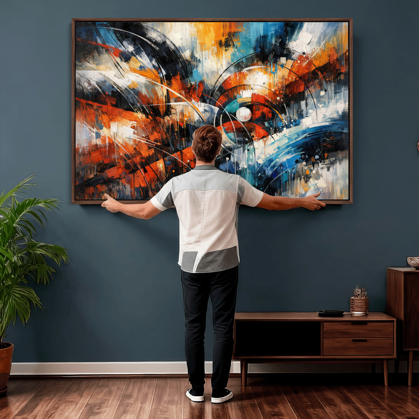 47120691-MGV-CV-36X24 - Geometric Abstract Wall Art Canvas Print, Orange Blue Abstract Expressionist Painting Print, Modern Geometric Abstract Canvas Art