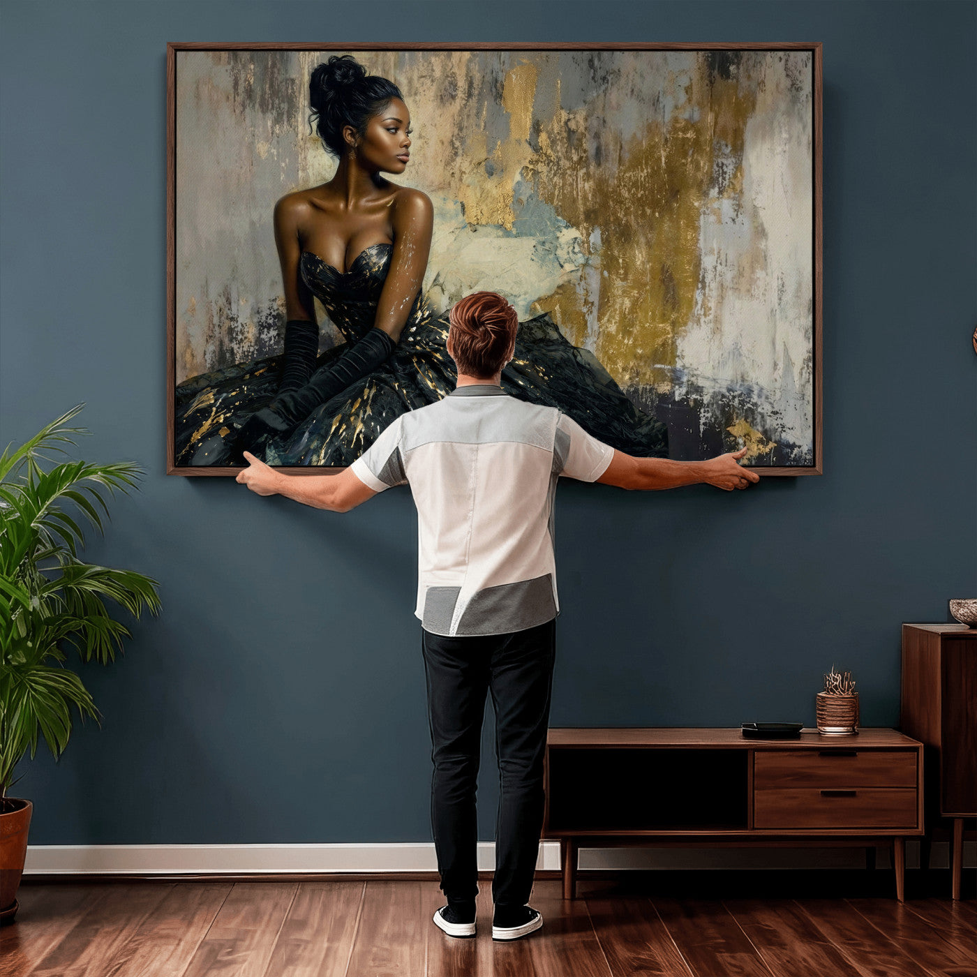4712069Z1-MGV-CV-36X24 - Elegant Woman Canvas Wall Art — Black Gold Gown Fashion Print | Luxury Glam Wall Decor | African American Art | Bold Bedroom Wall Art Gift