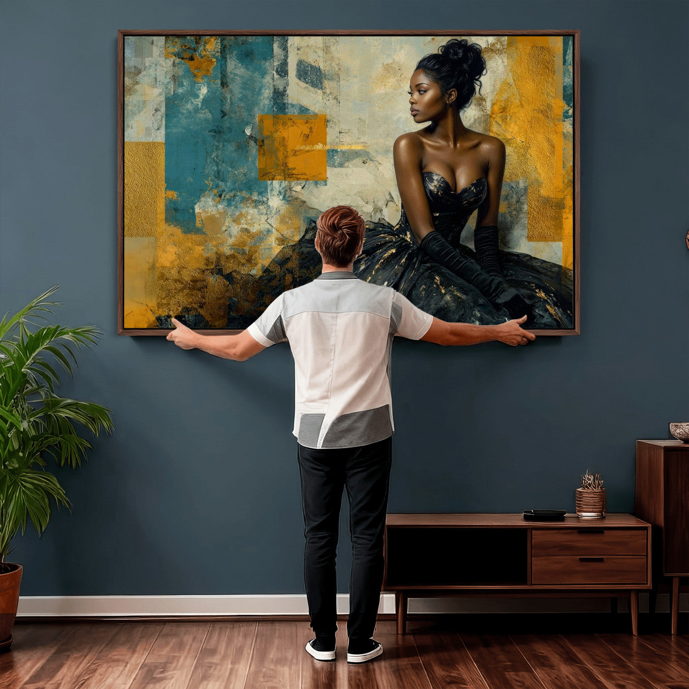 4712069Z21-MGV-CV-36X24 - Elegant Woman Canvas Wall Art — Black Gold Gown Fashion Print | Luxury Glam Wall Decor | African American Art | Bold Bedroom Wall Art Gift