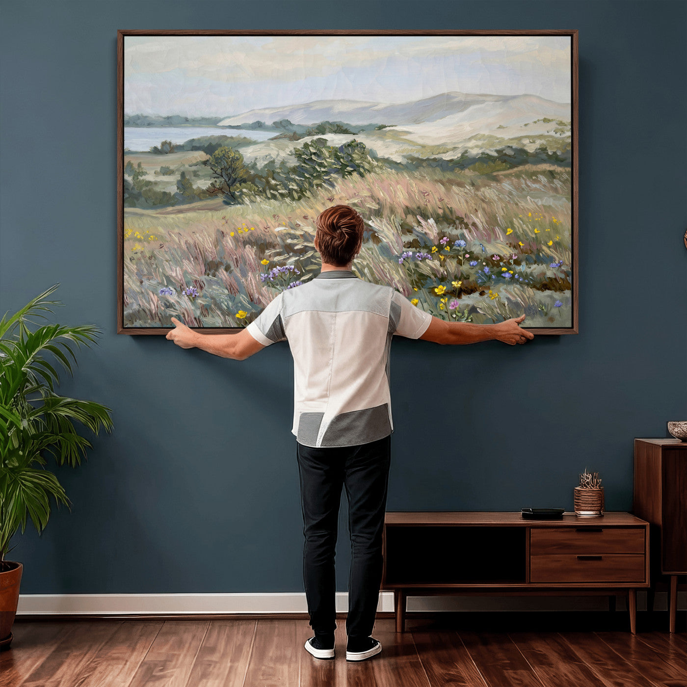 18013232-MGV-CV-36X24 - Katie Staples Hillside Canvas Wall Art — Coastal Wildflower Dune Oil Painting Print | Muted Green Nature Decor | Plein Air Landscape Gift