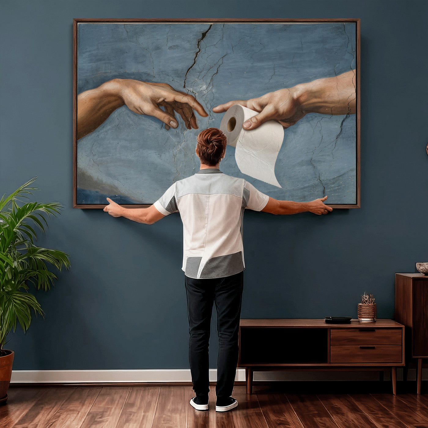 42648143-MGV-CV-36X24 - Funny Bathroom Canvas Wall Art, Michelangelo Creation of Adam Toilet Paper Parody, Renaissance Humor Print, Quirky Housewarming Gift, Toilet Room Decor