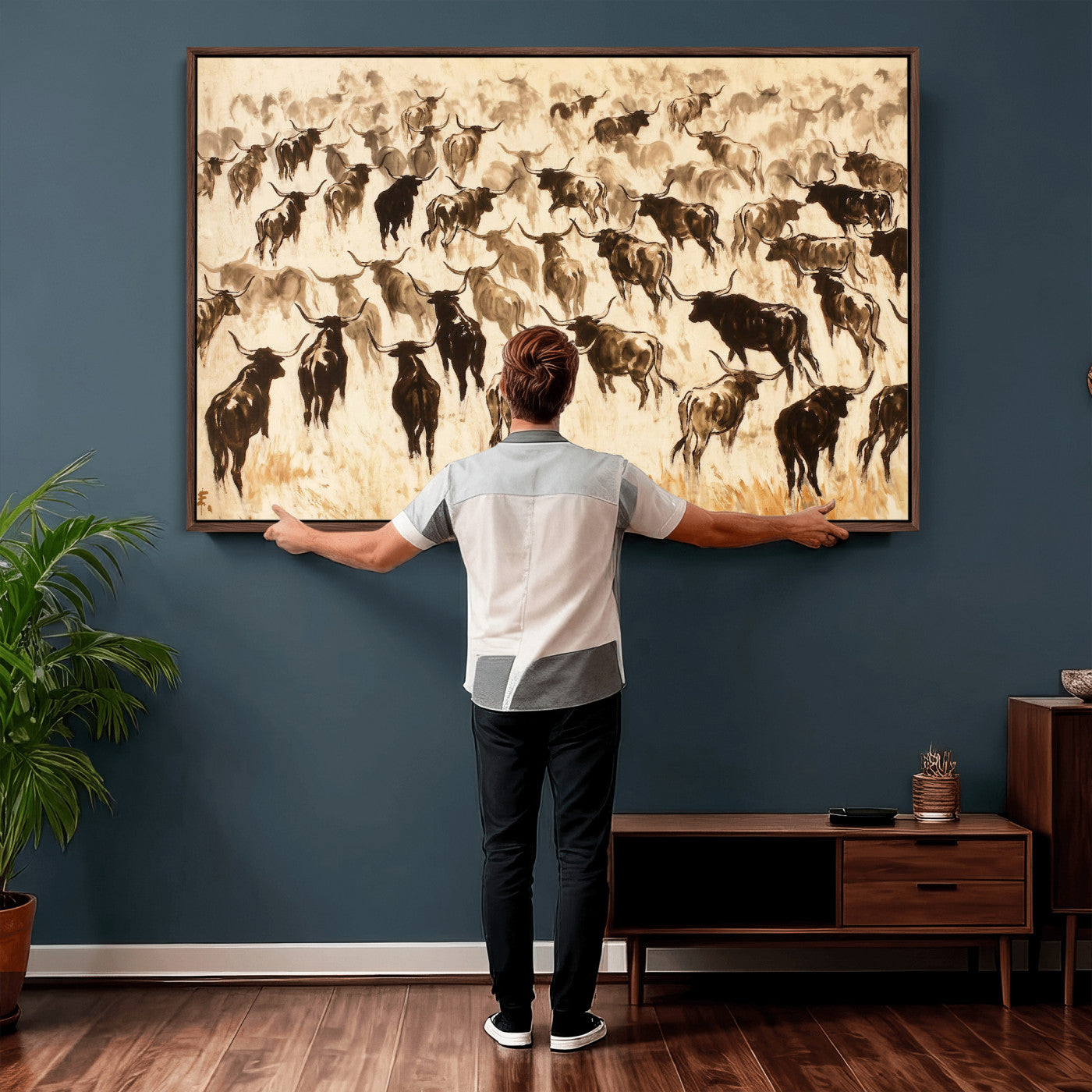 39077774-MGV-CV-36X24 - Texas Longhorn Sepia Canvas Wall Art, Western Cattle Stampede Painting Print, Warm Amber Ranch Decor, Rustic Cowboy Home Art, Large Living Room Decor