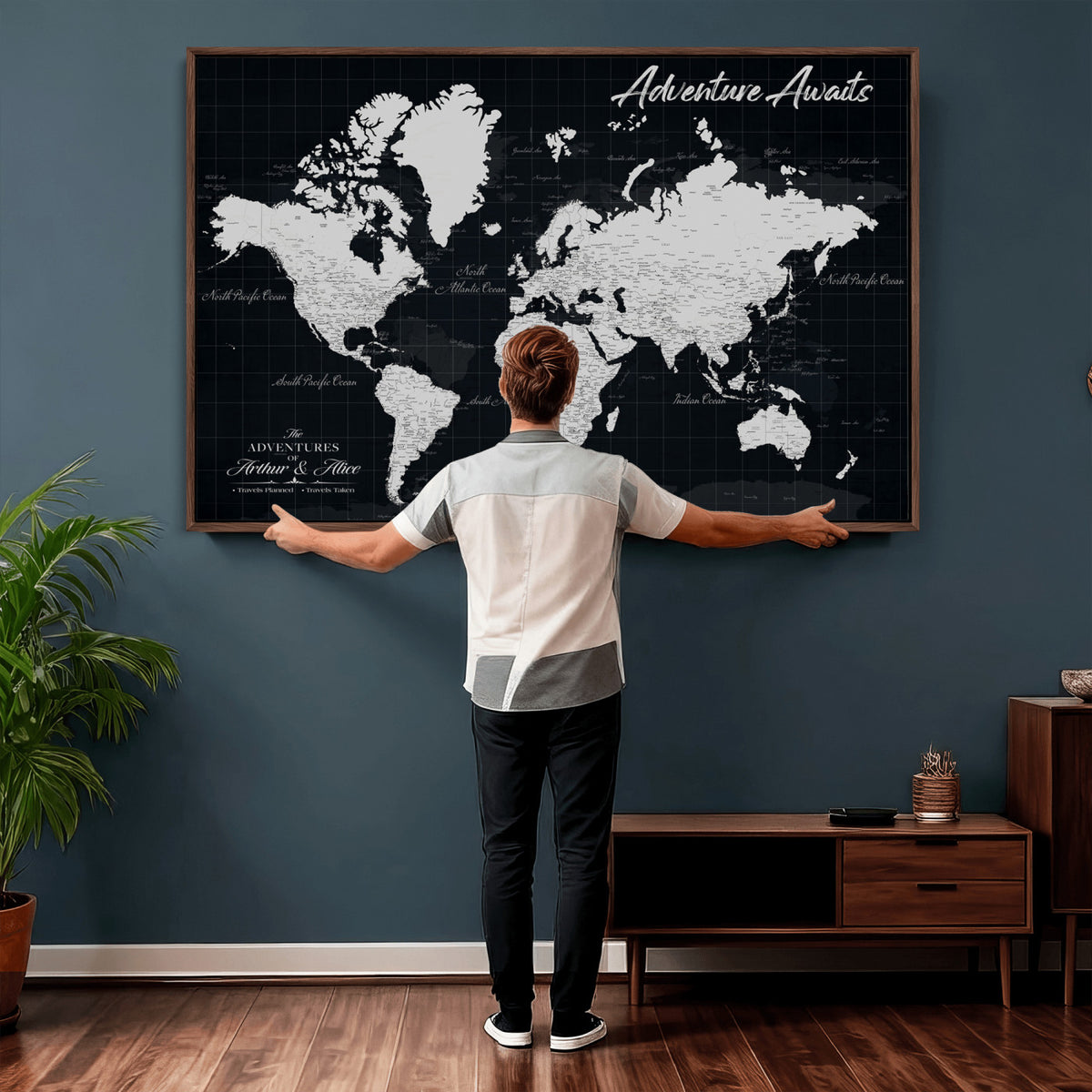 19855445B-MGV-CV-36X24 - Personalized Black Push Pin Travel Map Canvas Print, Couples Countries Visited Map, Entryway and Hallway Decor