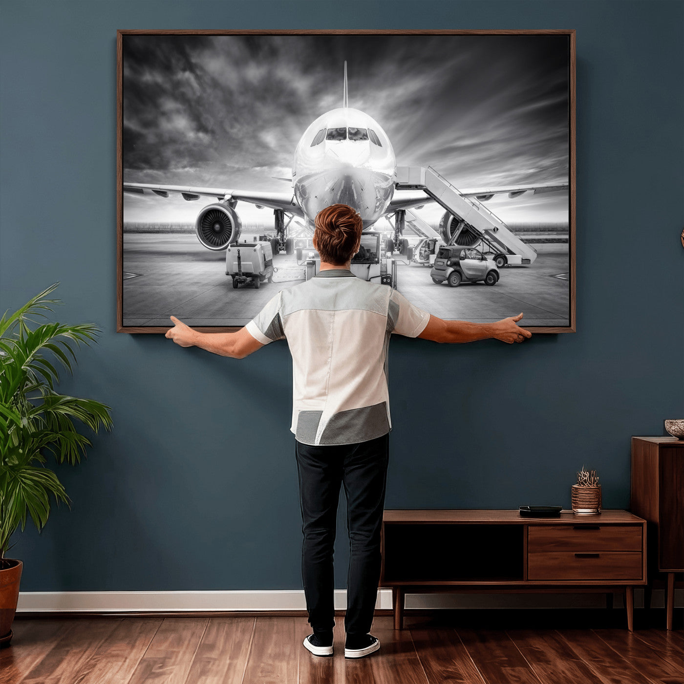 85885848-MGV-CV-36X24 - Airplane Wall Art Canvas Print, Black and White Jet Aircraft Airport Runway Framed Aviation Artwork for Pilot Office Hangar Travel Decor