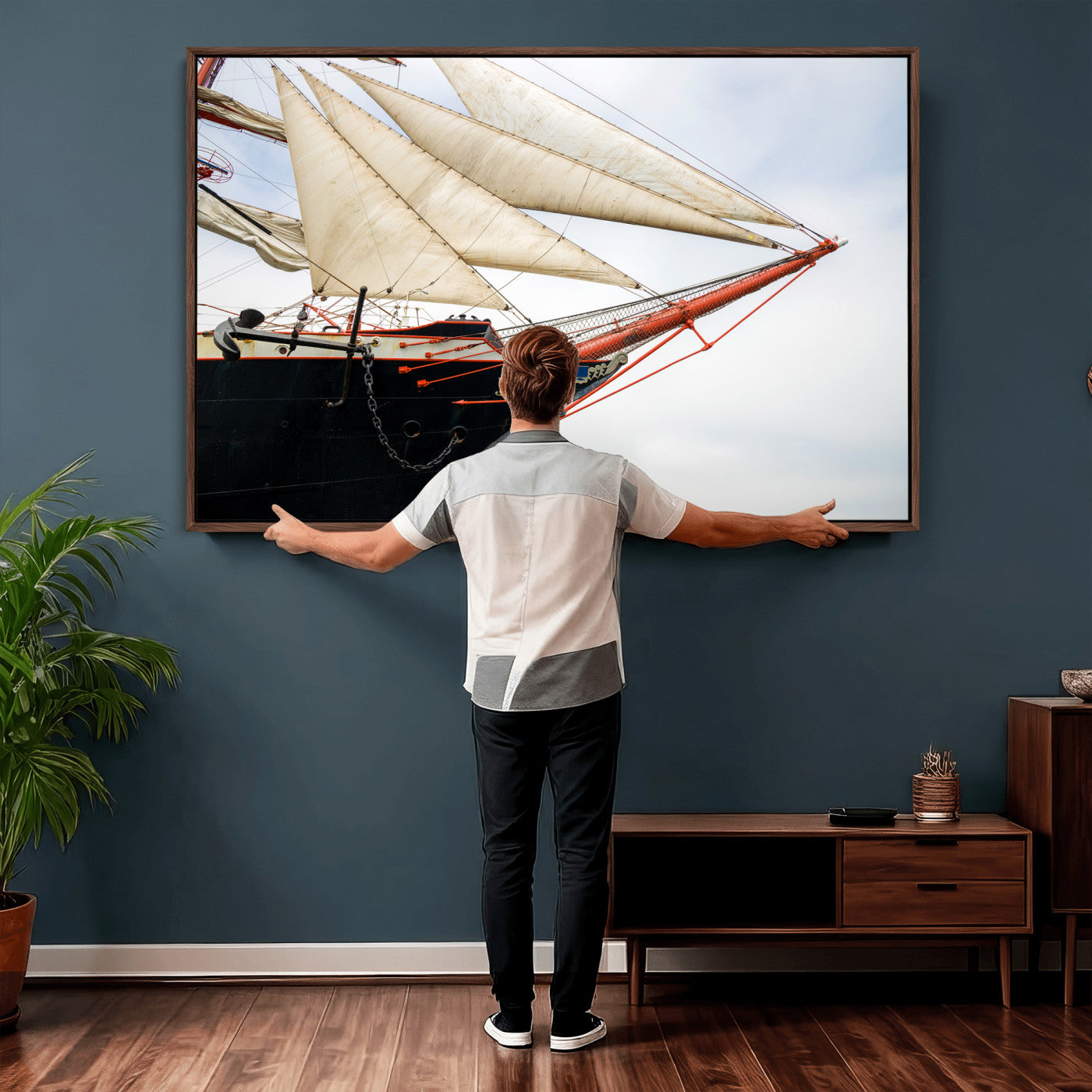 64830036-MGV-CV-36X24 - Sailboat Wall Art Canvas Print, Vintage Ship Bow Framed Artwork, Nautical Sailing Decor for Living Room Office Beach House