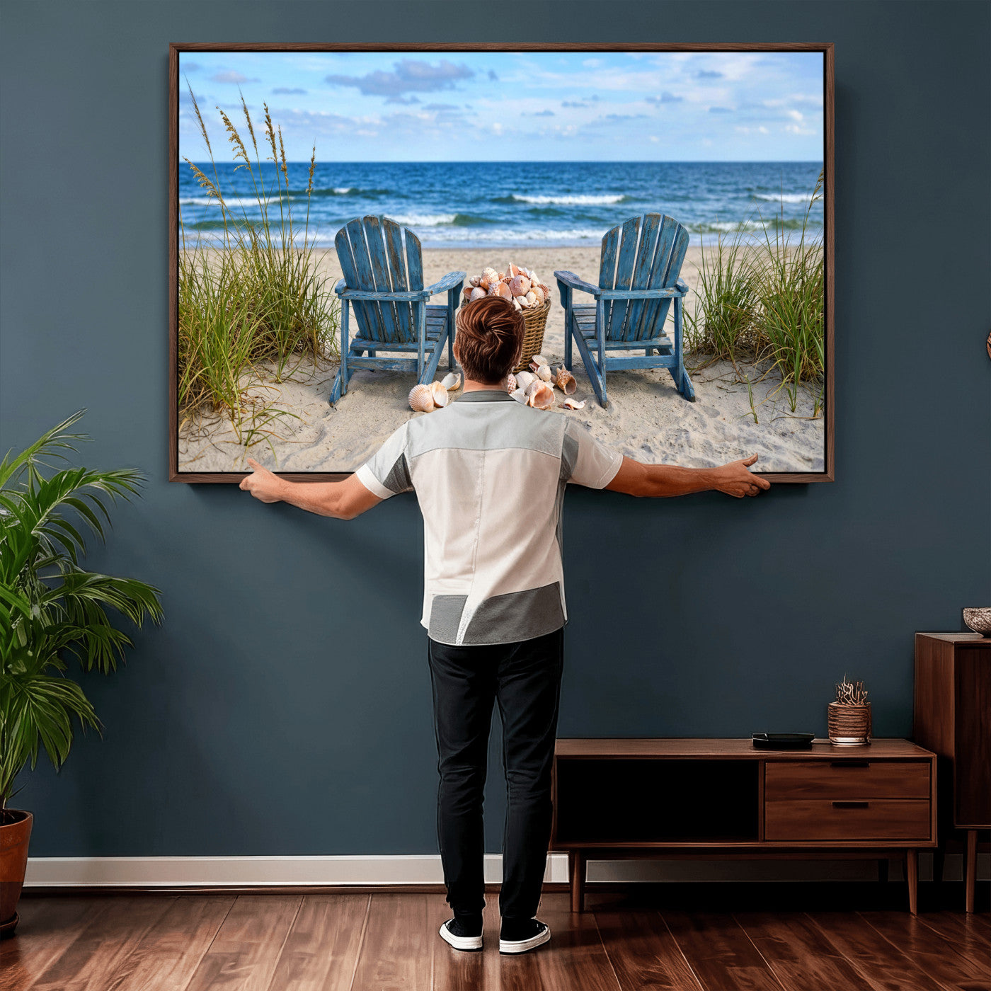 80268829-MGV-CV-36X24 - Large Beach Canvas Wall Art Coastal Adirondack Chairs Ocean Seashells Blue Nautical Framed Large for Living Room Bedroom Bathroom Decor