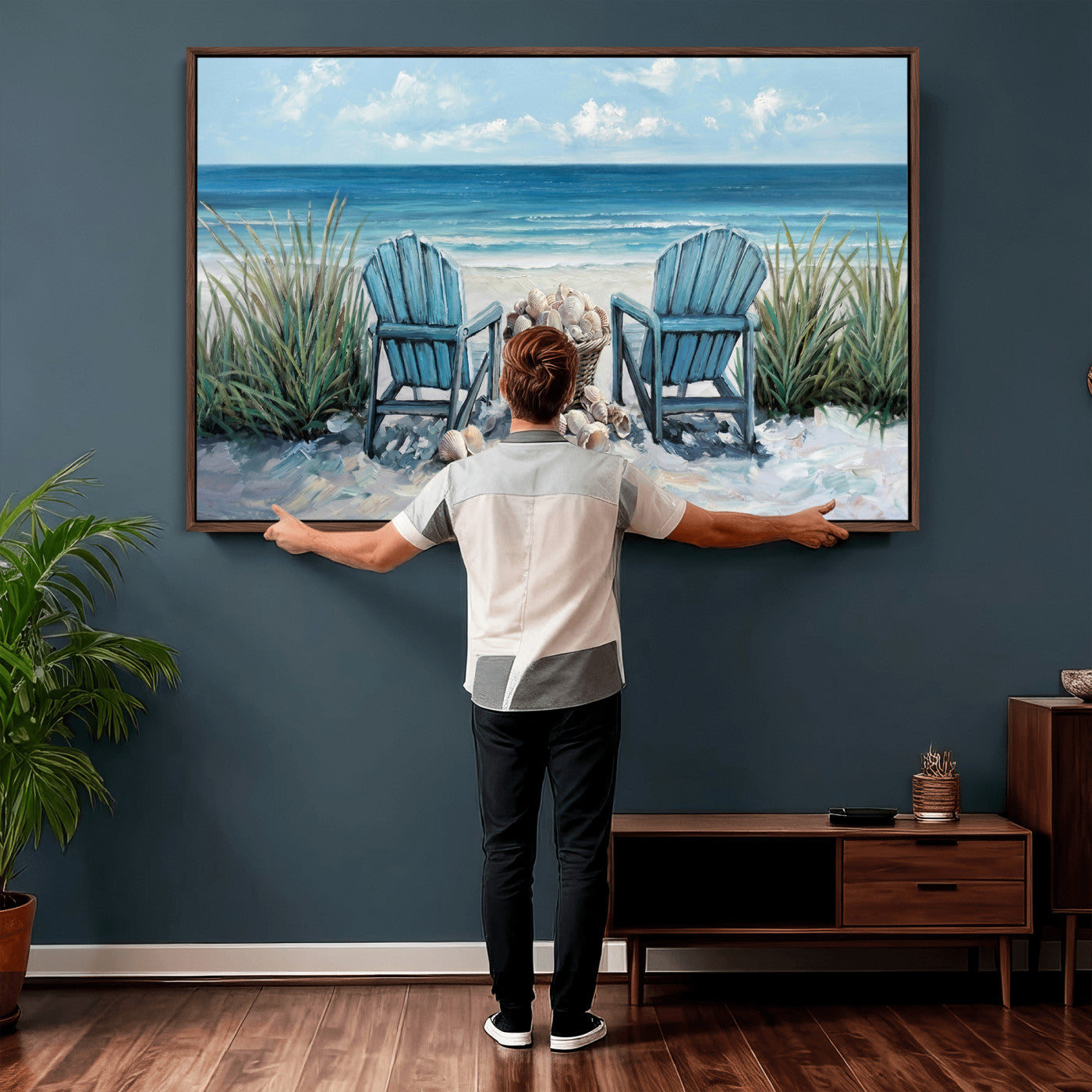 11973028-MGV-CV-36X24 - Beach Canvas Wall Art Coastal Adirondack Chairs Ocean Seashells Blue Nautical Framed Large for Living Room Bedroom Bathroom Decor