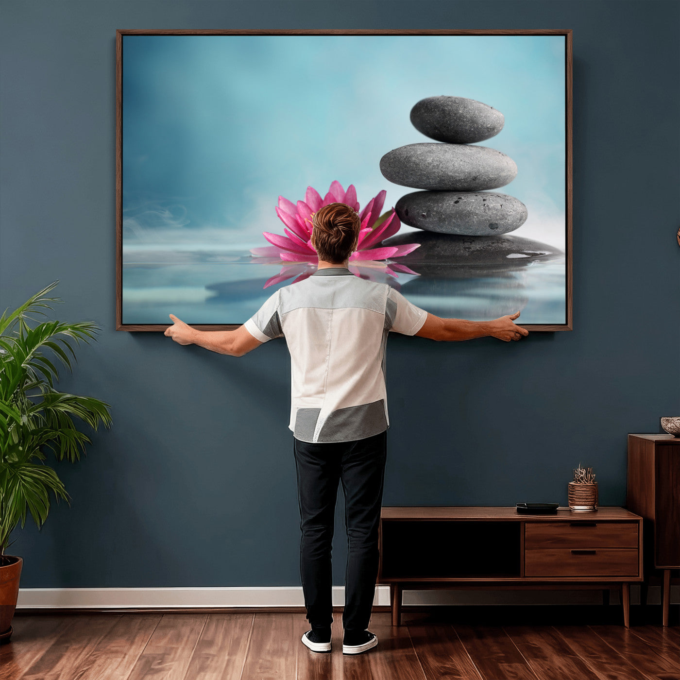84293154-MGV-CV-36X24 - Zen Canvas Wall Art Lotus Flower Stacked Stones Teal Spa Meditation Relaxation Framed Large for Bathroom Bedroom Living Room Office Decor