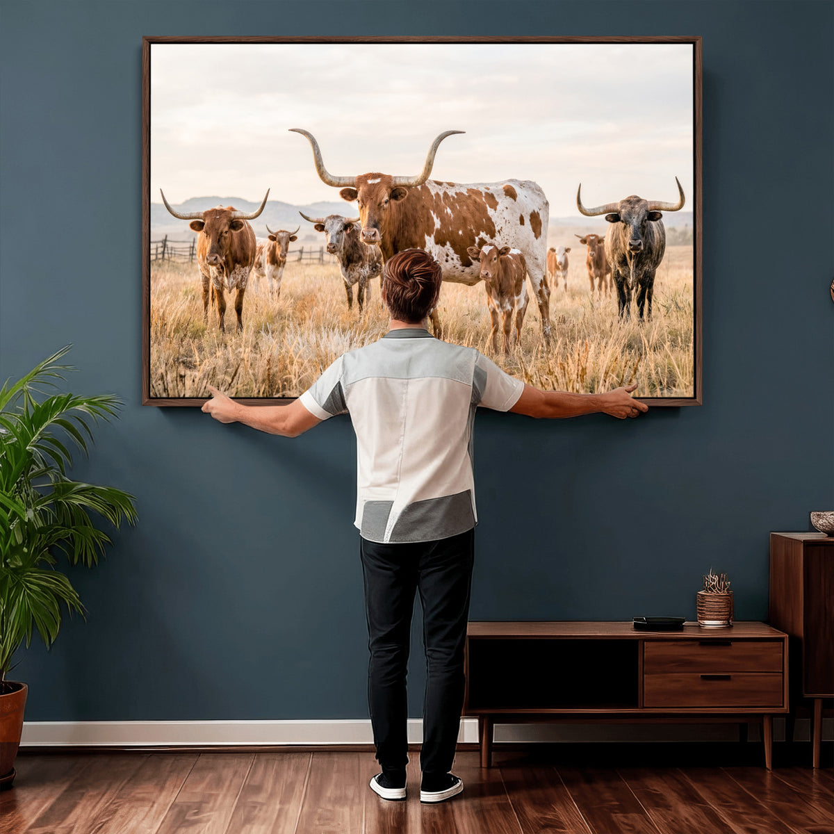 62336425AC-MGV-CV-36X24 - Texas Longhorn Canvas Wall Art, Rustic Farm Animal Photography Print, Farmhouse Country Decor, Western Ranch Art
