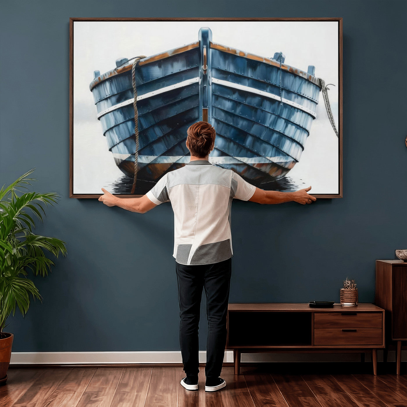 21601740-MGV-CV-36X24 - Blue Wooden Rowboat Canvas Wall Art, Coastal Nautical Boat Painting Print for Lake Beach House Decor, Minimalist Maritime Decor Artwork