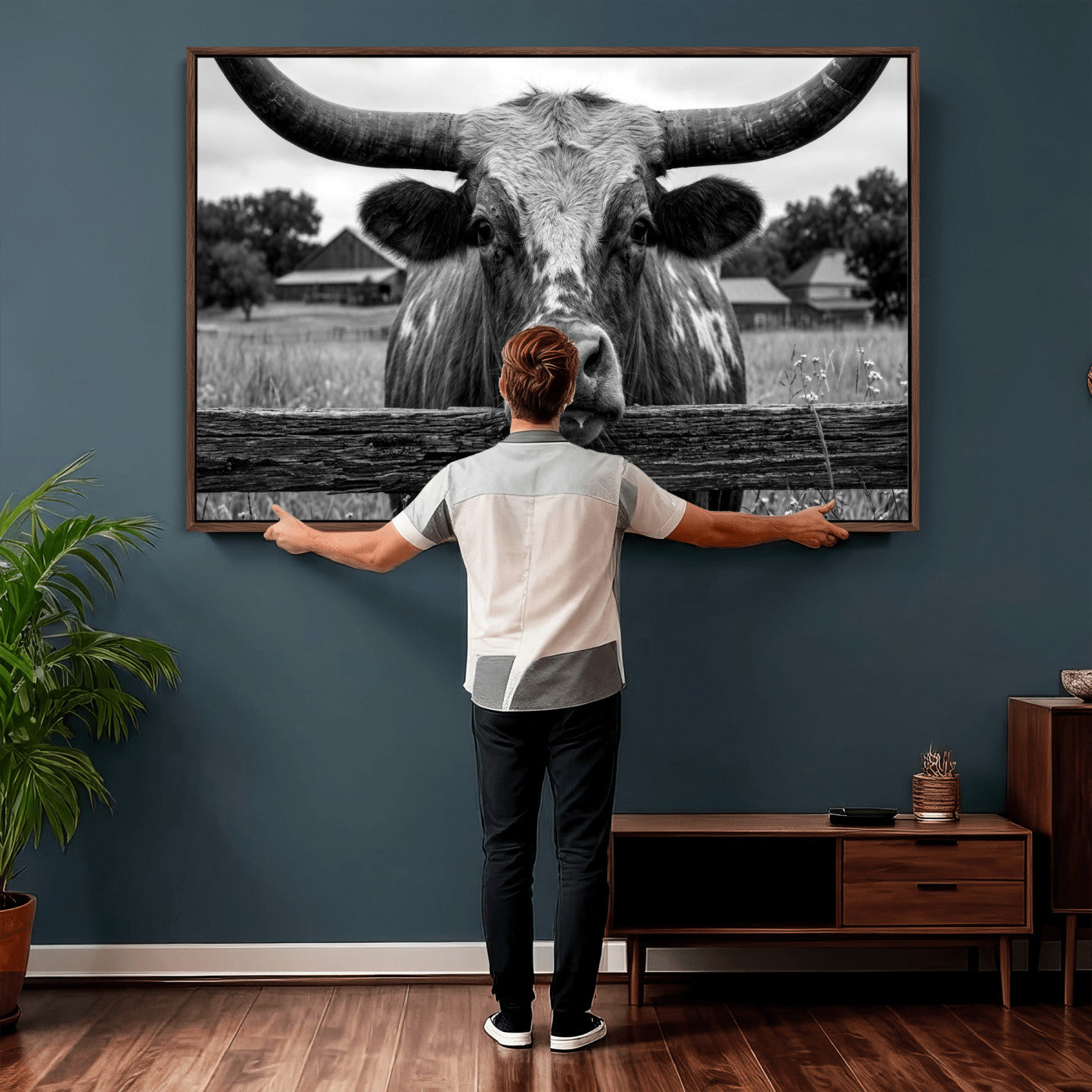 59378683B-MGV-CV-36X24 - Black White Texas Longhorn Bull Canvas Wall Art, Western Ranch Cattle Photography Print, Rustic Farmhouse Cowboy Decor Artwork