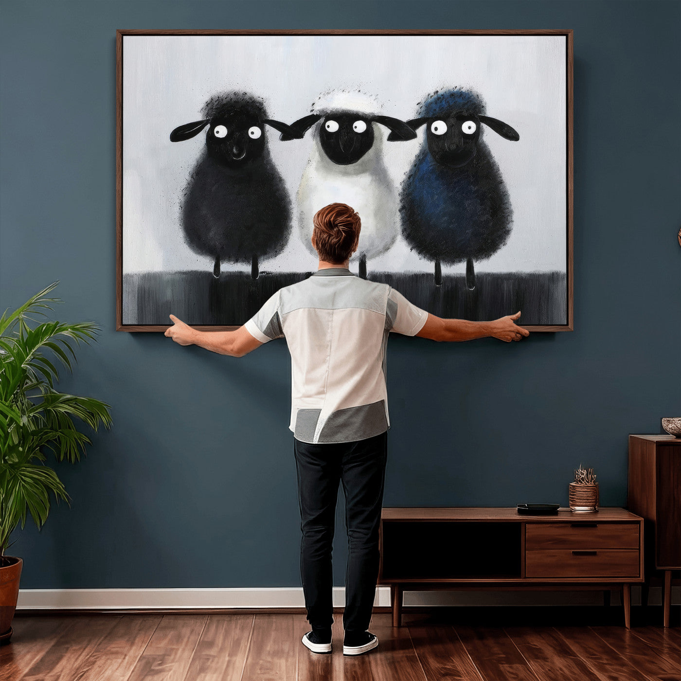 45650028-MGV-CV-36X24 - Funny Sheep Canvas Wall Art, Three Quirky Sheep Painting Print, Cute Animal Nursery Decor, Black White Navy Farmhouse Art, Kids Room Gift
