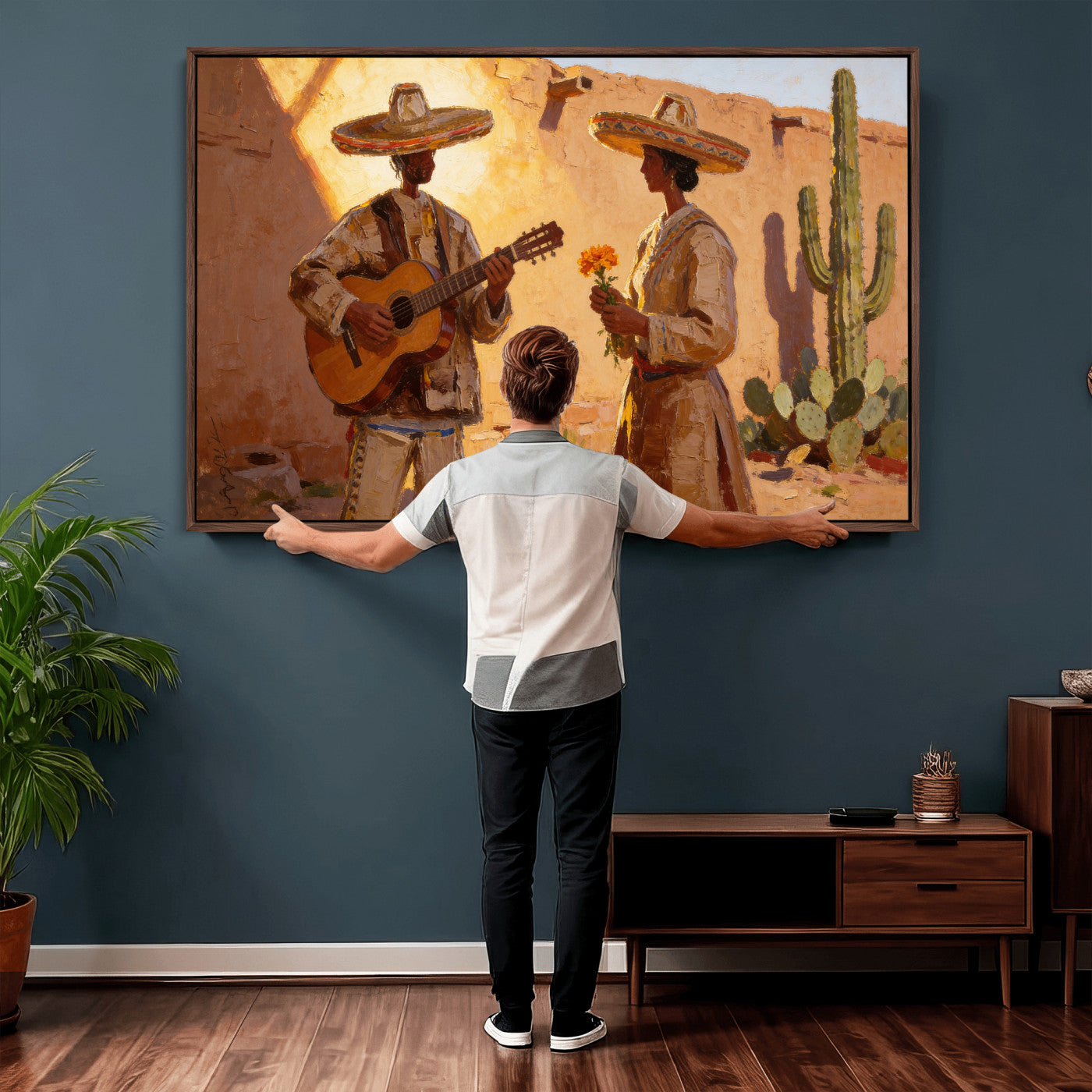 41849005-MGV-CV-36X24 - Mexican Couple Canvas Wall Art, Romantic Serenade Guitar Painting Print, Southwestern Desert Adobe Decor, Warm Golden Folk Art, Living Room Art
