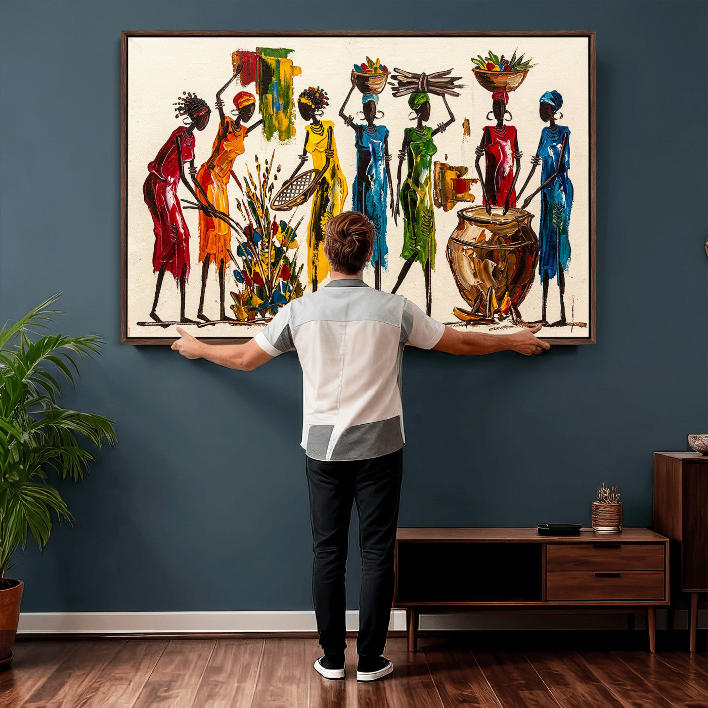 83463154-MGV-CV-36X24 - African Folk Art Canvas Wall Art, Colorful African Women Village Painting Print, Tribal Ethnic Home Decor, Vibrant African Art, Living Room