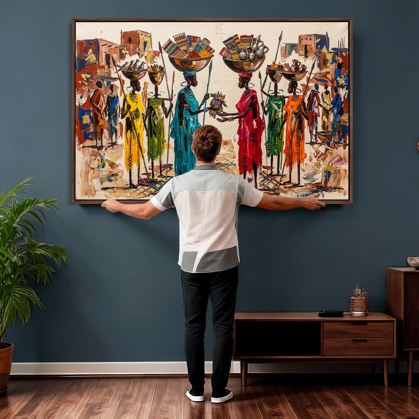 54818657-MGV-CV-36X24 - African Folk Art Canvas Wall Art, Colorful African Women Village Painting Print, Tribal Ethnic Home Decor, Vibrant African Art, Living Room