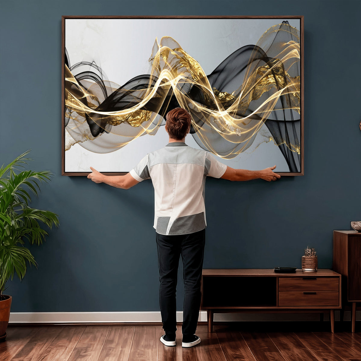 79483321DL-MGV-CV-36X24 - Black and Gold Abstract Wall Art, Modern Wave Canvas Print, Elegant Flowing Smoke Art, Luxury Living Room Decor