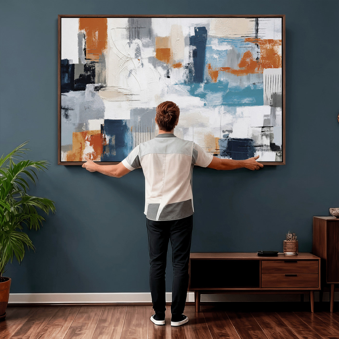44950303-MGV-CV-36X24 - Blue Teal Abstract Canvas Wall Art, Modern Textured Painting Print, Navy Orange White Contemporary Art, Neutral Living Room Decor, Office Art