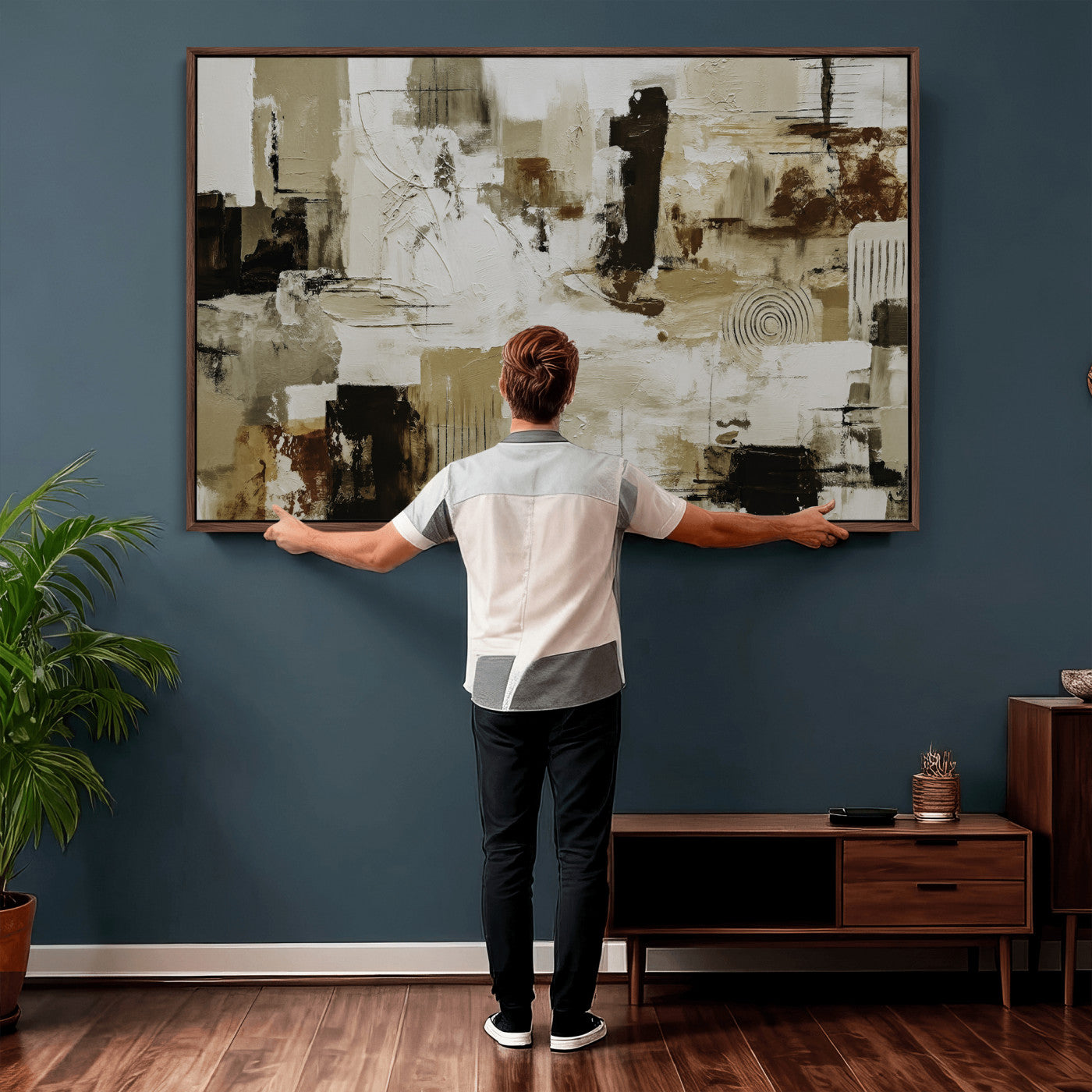 26560159-MGV-CV-36X24 - Blue Teal Abstract Canvas Wall Art, Modern Textured Painting Print, Navy Orange White Contemporary Art, Neutral Living Room Decor, Office Art