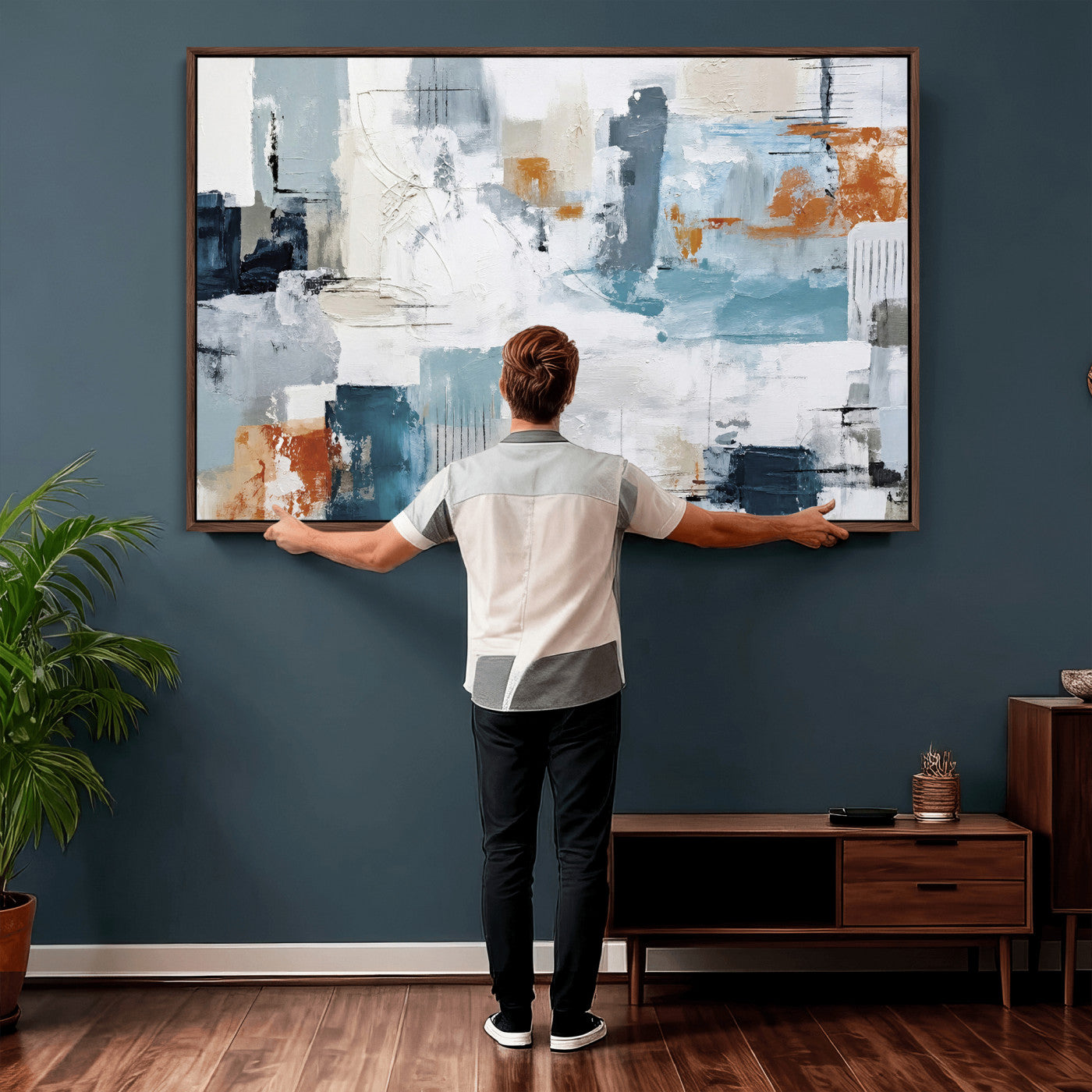 98638479-MGV-CV-36X24 - Blue Teal Abstract Canvas Wall Art, Modern Textured Painting Print, Navy Orange White Contemporary Art, Neutral Living Room Decor, Office Art