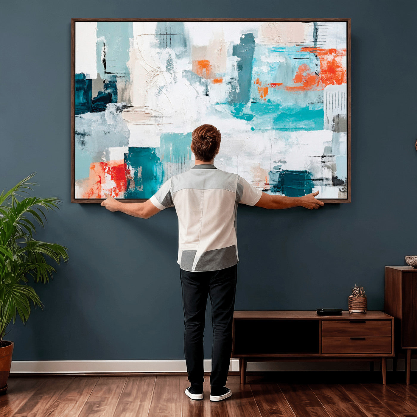 98638479-MGV-CV-36X24 - Blue Teal Abstract Canvas Wall Art | Modern Textured Painting Print, Navy Orange White Contemporary Art, Neutral Living Room Decor, Office Art