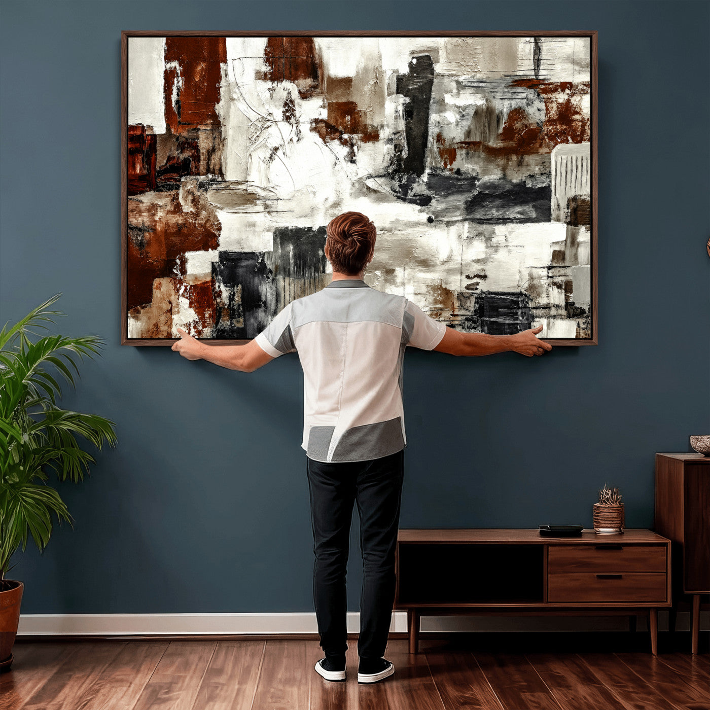 53022468-MGV-CV-36X24 - Blue Teal Abstract Canvas Wall Art, Modern Textured Painting Print, Navy Orange White Contemporary Art, Neutral Living Room Decor, Office Art