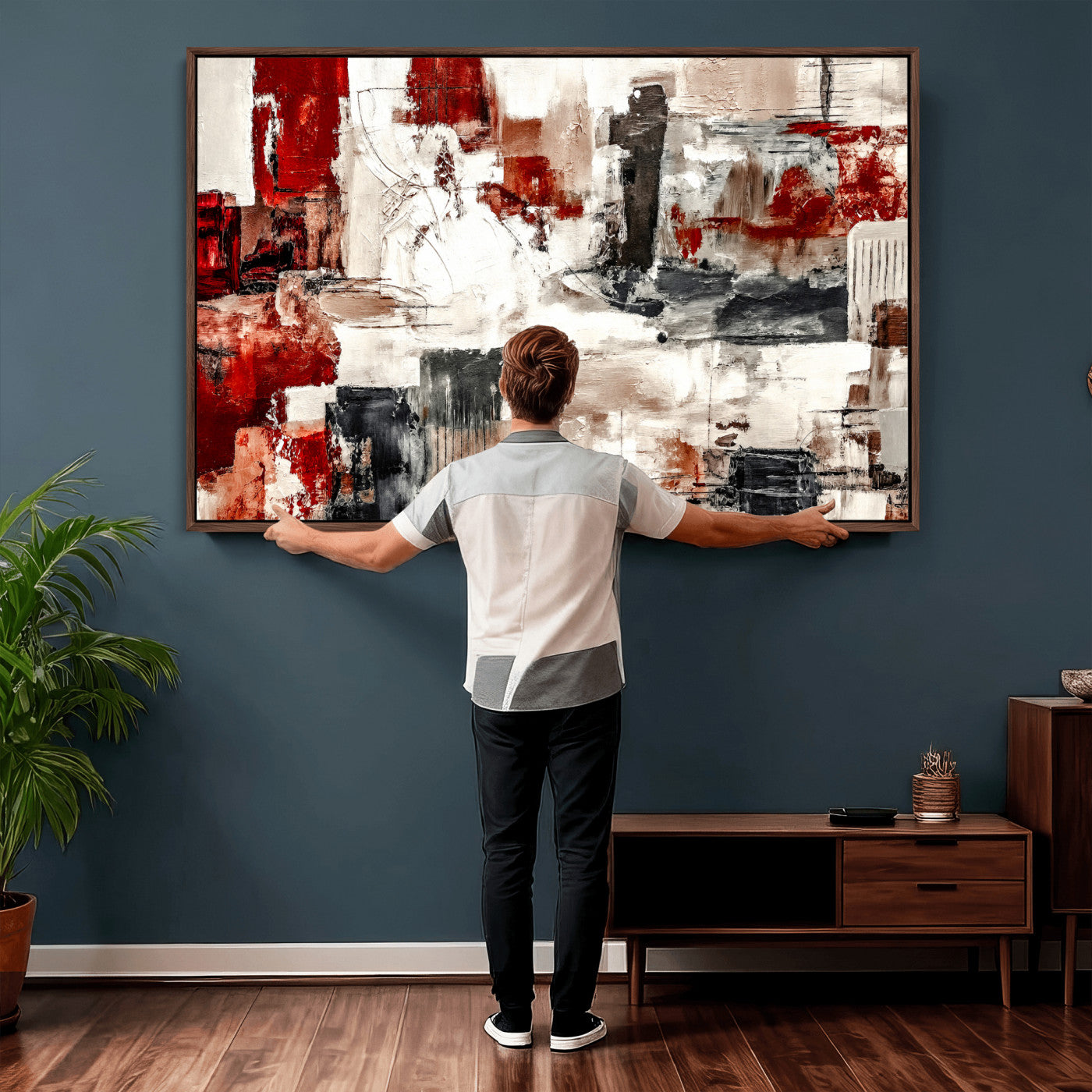 53022468-MGV-CV-36X24 - Blue Teal Abstract Canvas Wall Art, Modern Textured Painting Print, Navy Orange White Contemporary Art, Neutral Living Room Decor, Office Art