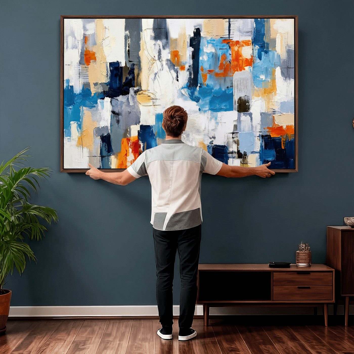 83915061-MGV-CV-36X24 - Blue Teal Abstract Canvas Wall Art, Modern Textured Painting Print, Navy Orange White Contemporary Art, Neutral Living Room Decor, Office Art