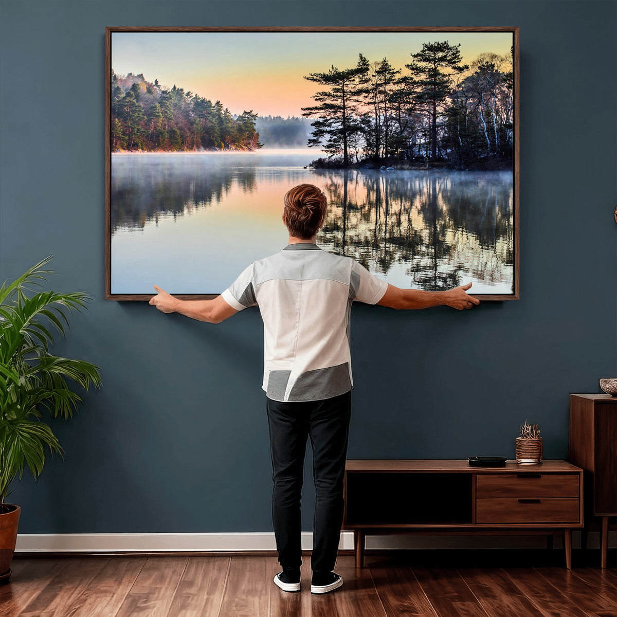 34236027-MGV-CV-36X24 - Before People Wake Canvas Wall Art Print, Misty Lake Sunrise Landscape, Forest Reflection Nature Decor, Ready to Hang
