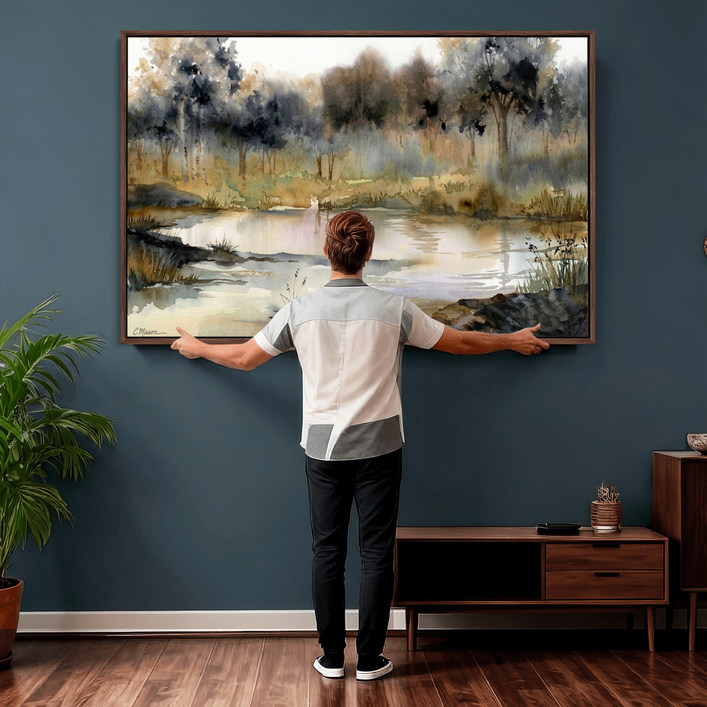 27383609-MGV-CV-36X24 - Abstract WatercolorAutumn Lake Canvas Wall Art Print, Misty Forest Landscape, Rustic Nature Painting, Cabin Wall Decor, Ready to Hang