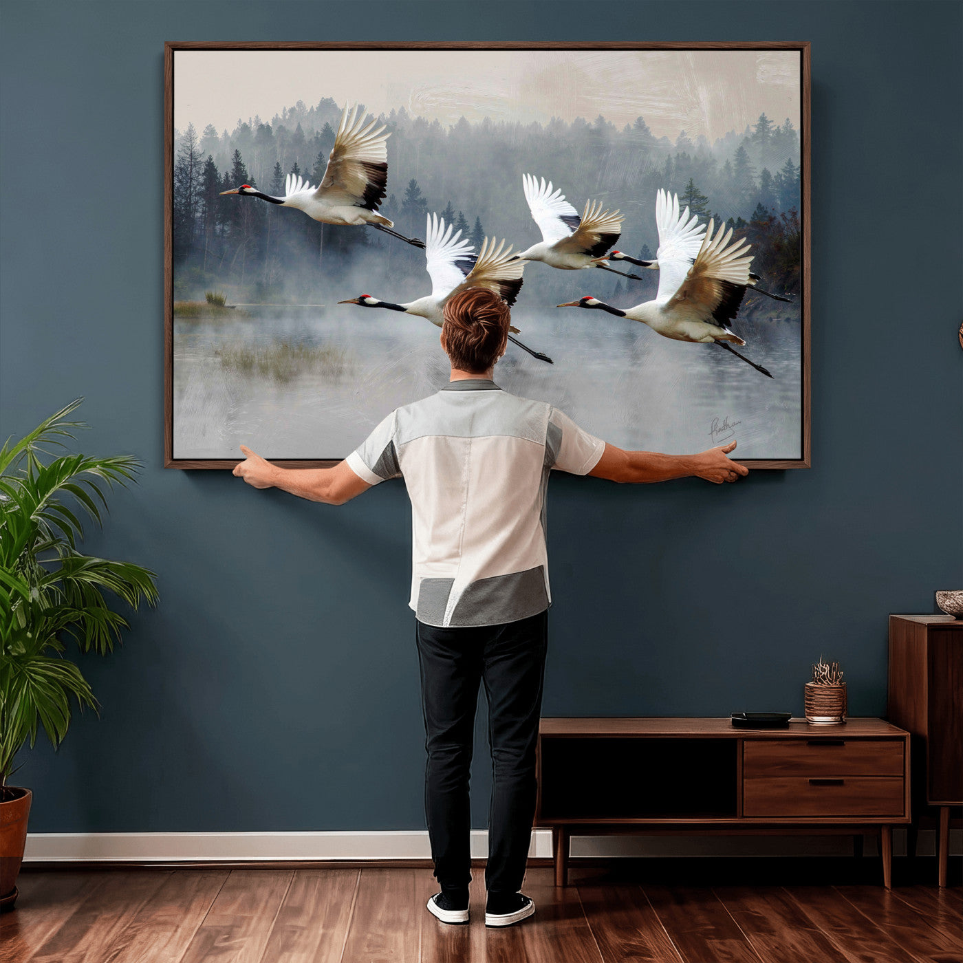 24356826-MGV-CV-36X24 - Flying Crane Canvas Wall Art Print, White Crane Bird Artwork, Wildlife Nature Decor, Lake Landscape Canvas, Ready to Hang