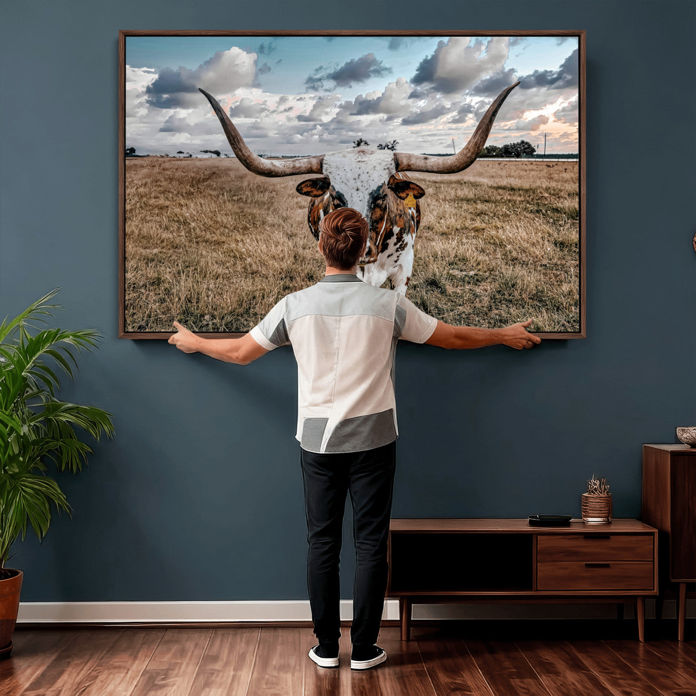 17464823-MGV-CV-36X24 - Texas Longhorn Canvas Wall Art Print, Western Cow Photography, Rustic Ranch Decor, Farmhouse Wall Art, Ready to Hang
