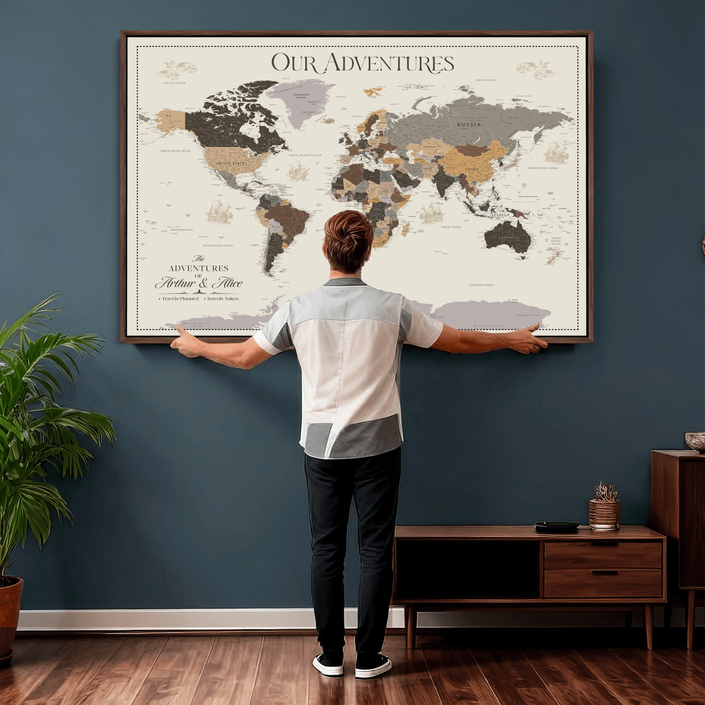 58777746A-MGV-CV-36X24 - Push Pin Customize World Map Wall Art Canvas Print, Modern Decorative Framed Map Artwork Prints for Living Room, Office, Bedroom Wall Decor