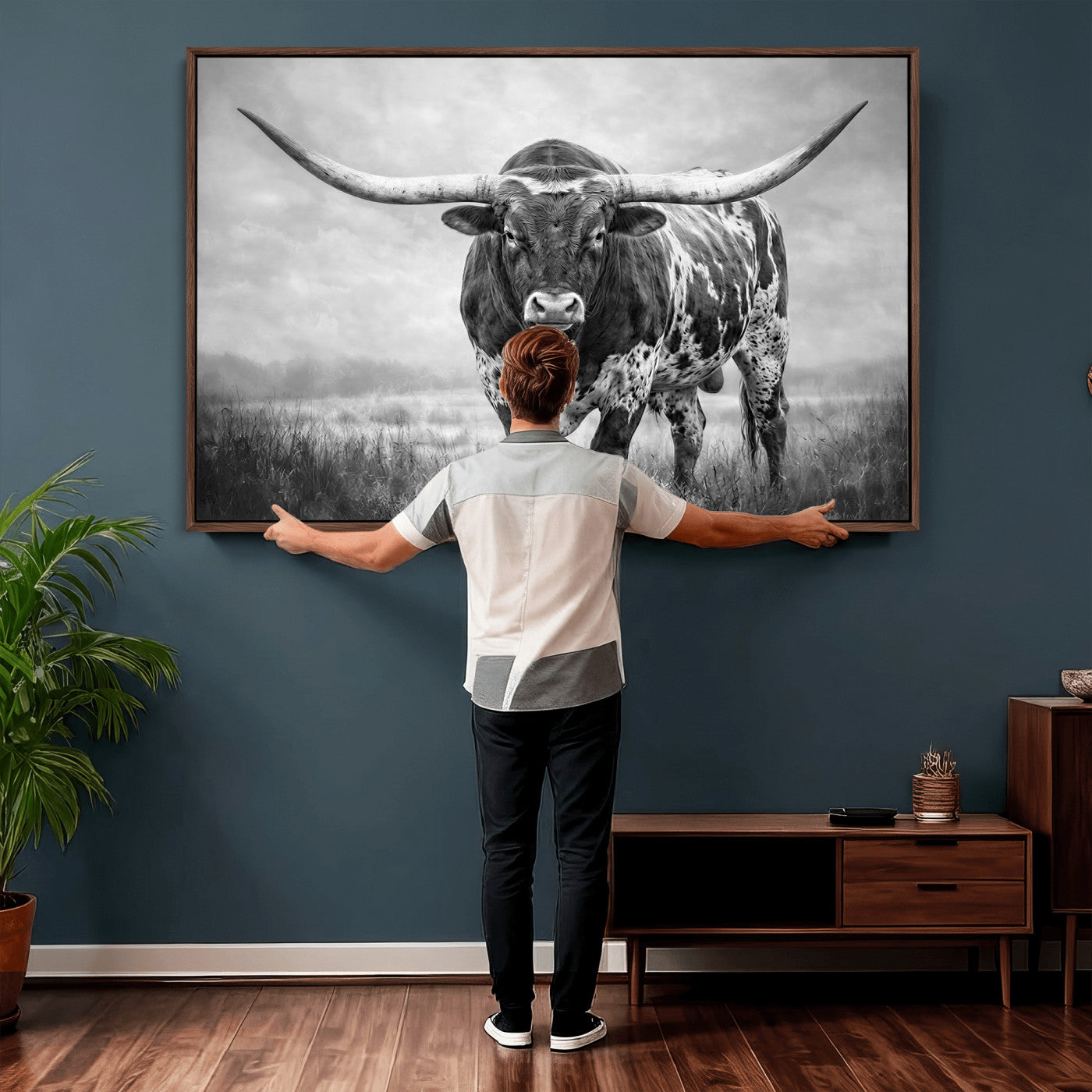 11121585-MGV-CV-36X24 - Texas Bull Wall Art Canvas Print for Farmhouse Restaurant Wall Decor