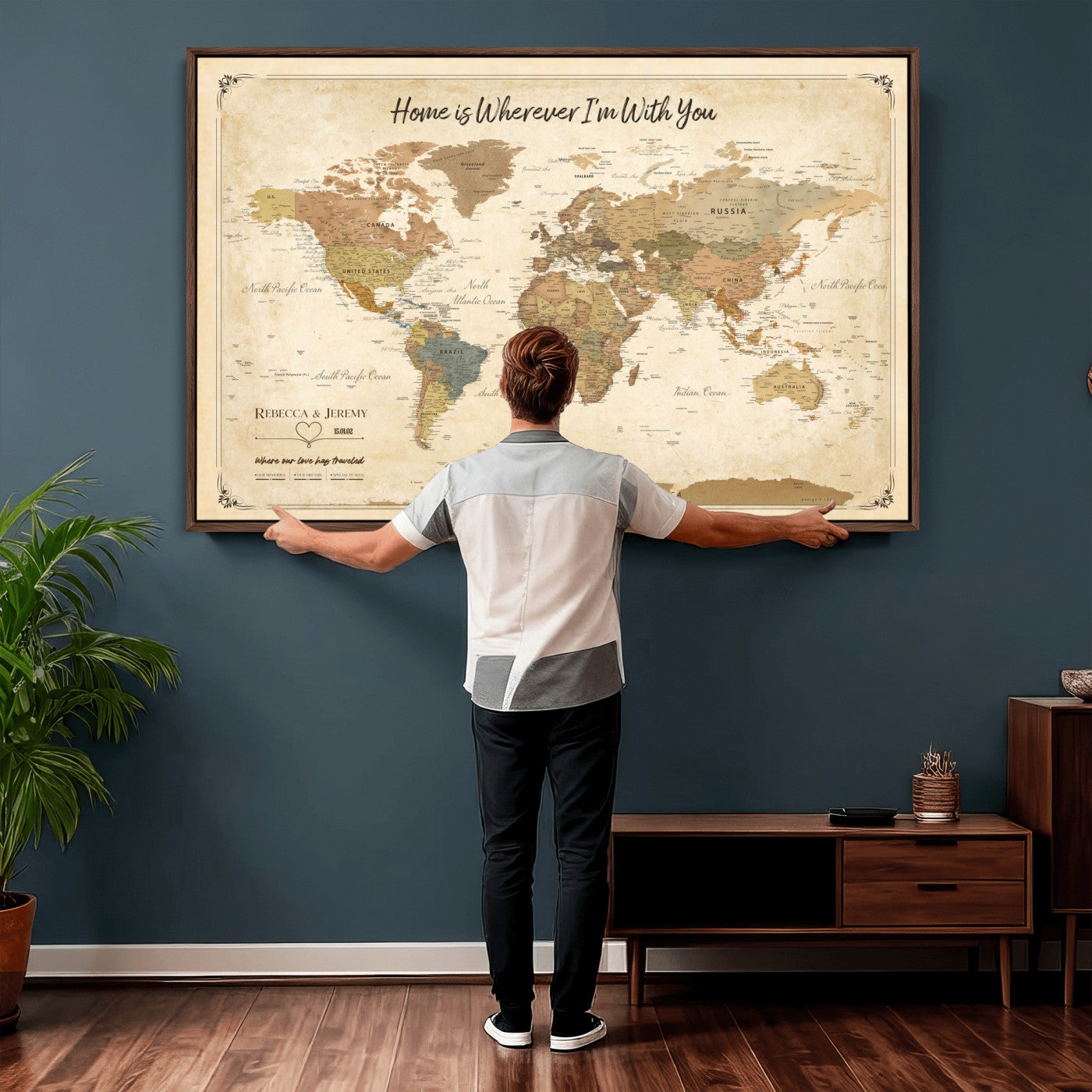 40086165-MGV-TP-30X20 - Framed Vintage Custom Push Pin World Map Canvas Print – Personalized Travel Map Wall Art