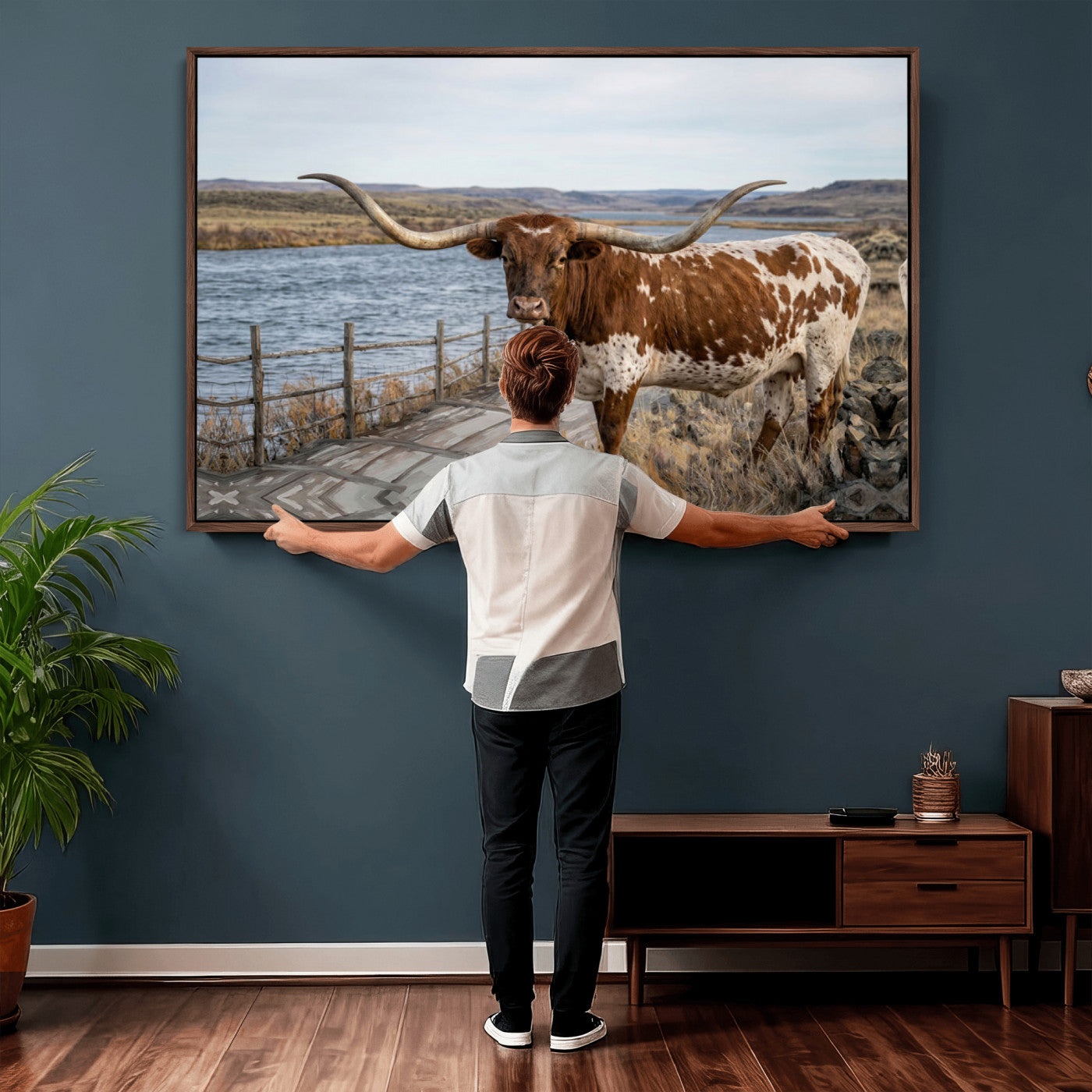 91575949-MGV-CV-36X24 - Texas Longhorn Cattle in Desert Pasture Wall Art Canvas Print - Rustic Western Decor