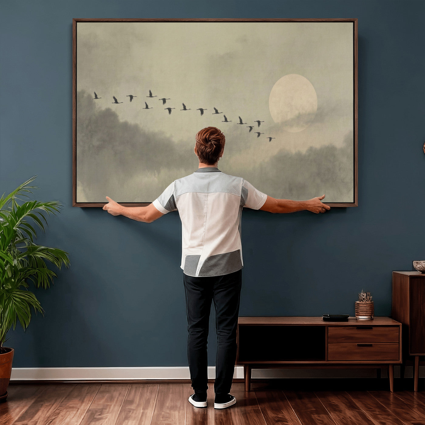 12098149-MGV-CV-36X24 - Flock of Birds Flying to Full Moon Wall Art Canvas Print - Vintage Surreal Clouds Painting