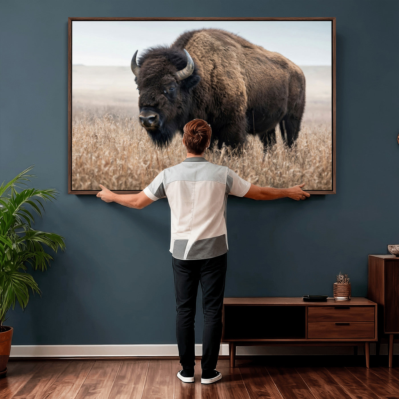 81029583-MGV-CV-36X24 - American Bison in Prairie Field Wall Art Canvas Print - Rustic Wildlife Photography