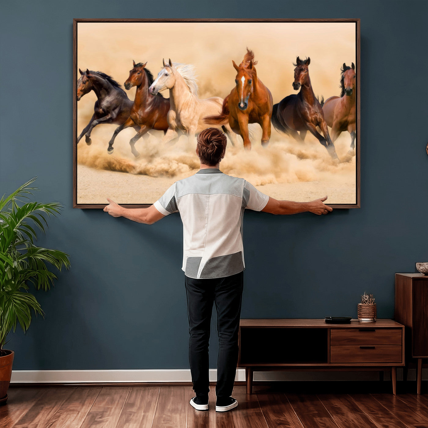 90610949-MGV-CV-36X24 - Herd of Six Wild Horses Galloping in Dust Storm Wall Art Canvas Print - Majestic Wildlife Decor