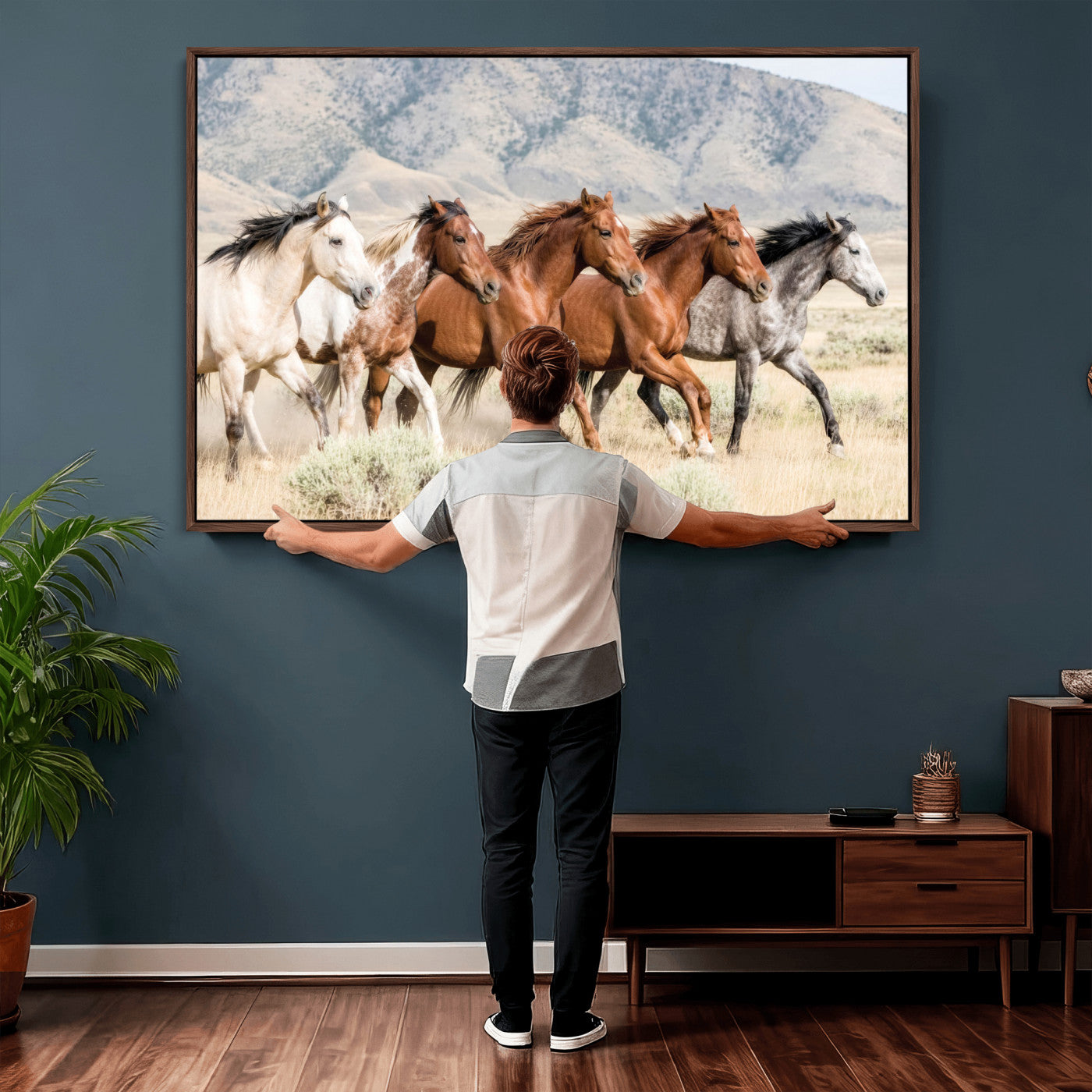 68345893-MGV-CV-36X24 - Five Mustangs Running Wild in Mountain Valley Wall Art Canvas Print - Rustic Western Decor