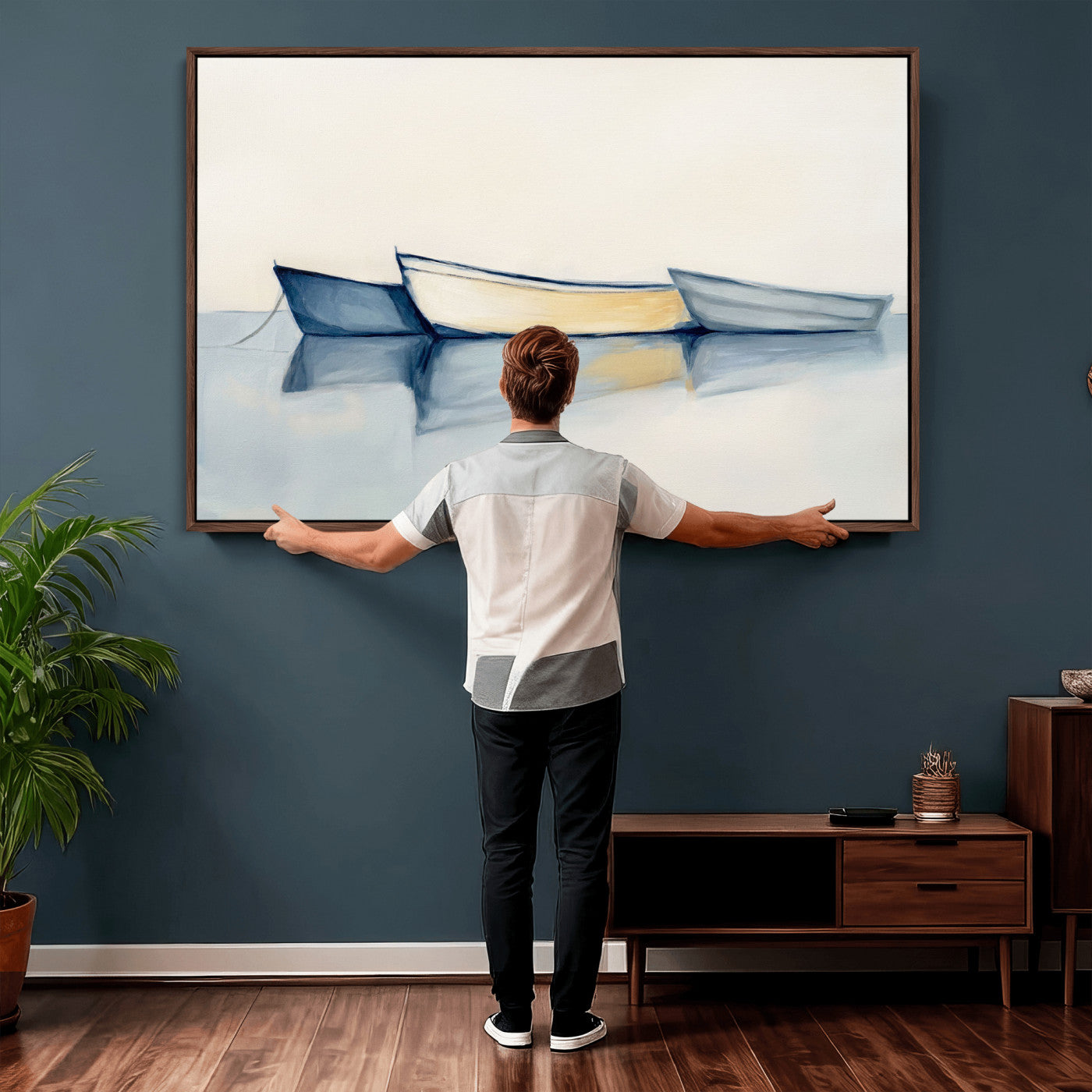 84017361-MGV-CV-36X24 - Abstract Three Boats Reflecting on Water Wall Art Canvas Print - Minimalist Coastal Seascape