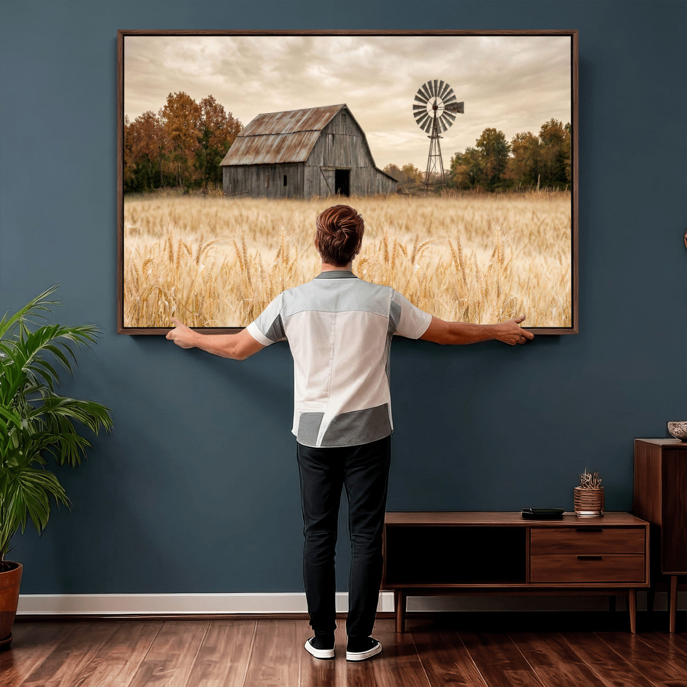 99640659-MGV-CV-36X24 - Rustic Farmhouse Barn and Windmill Wall Art Canvas Print, Country Landscape Photography Print
