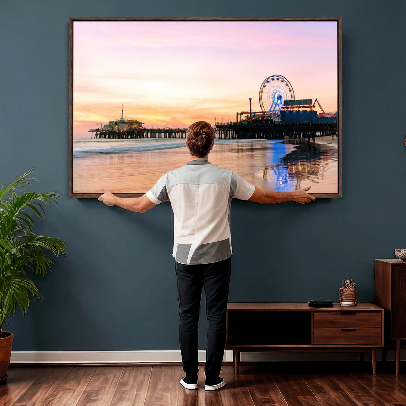 27381272-MGV-CV-36X24 - Santa Monica Pier Sunset Beach Wall Art Canvas Print, California Ferris Wheel Photo Print
