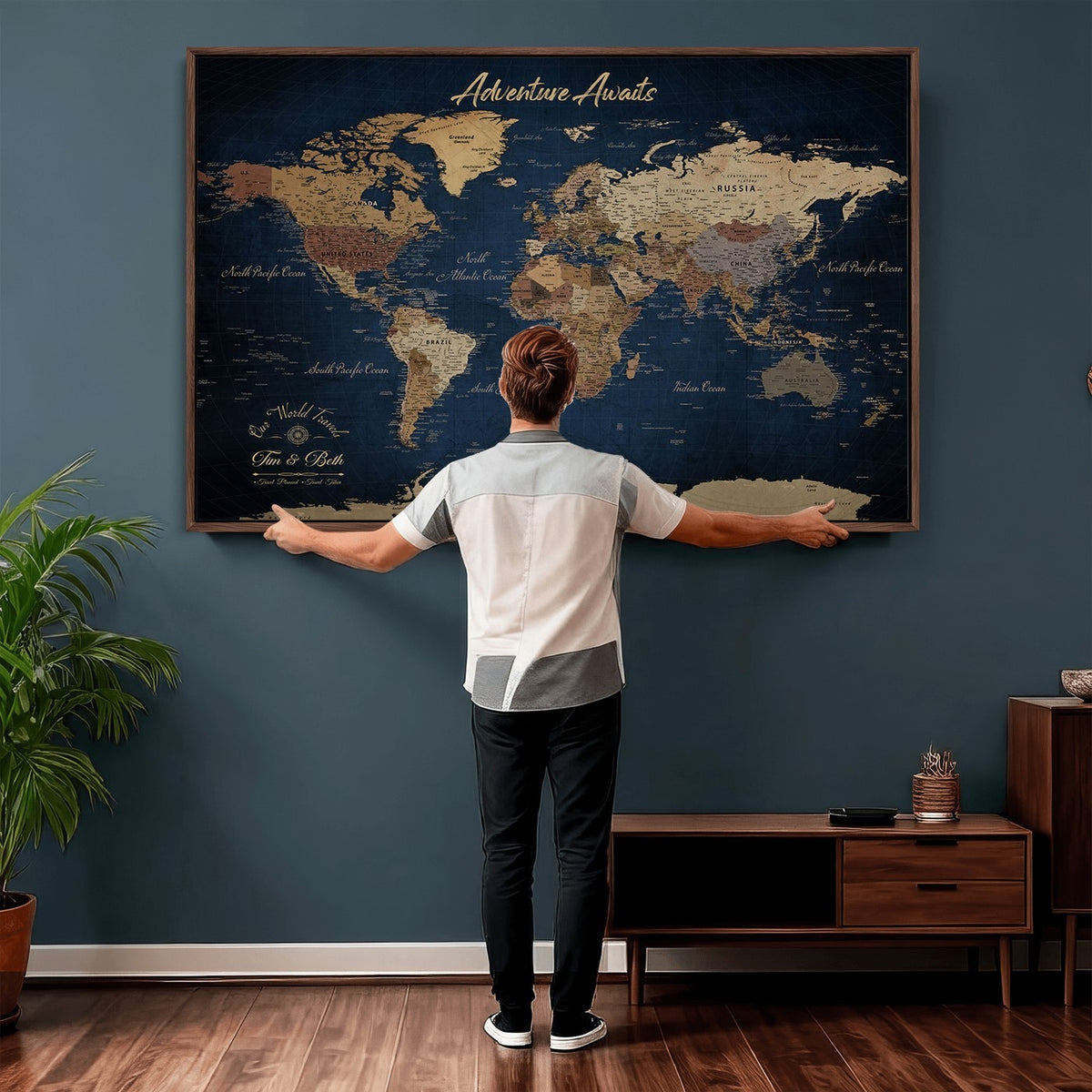 74477969-MGV-CV-36X24 - Custom Push Pin Travel Map Canvas Print, Family Travel Tracker, Study and Entryway Decor