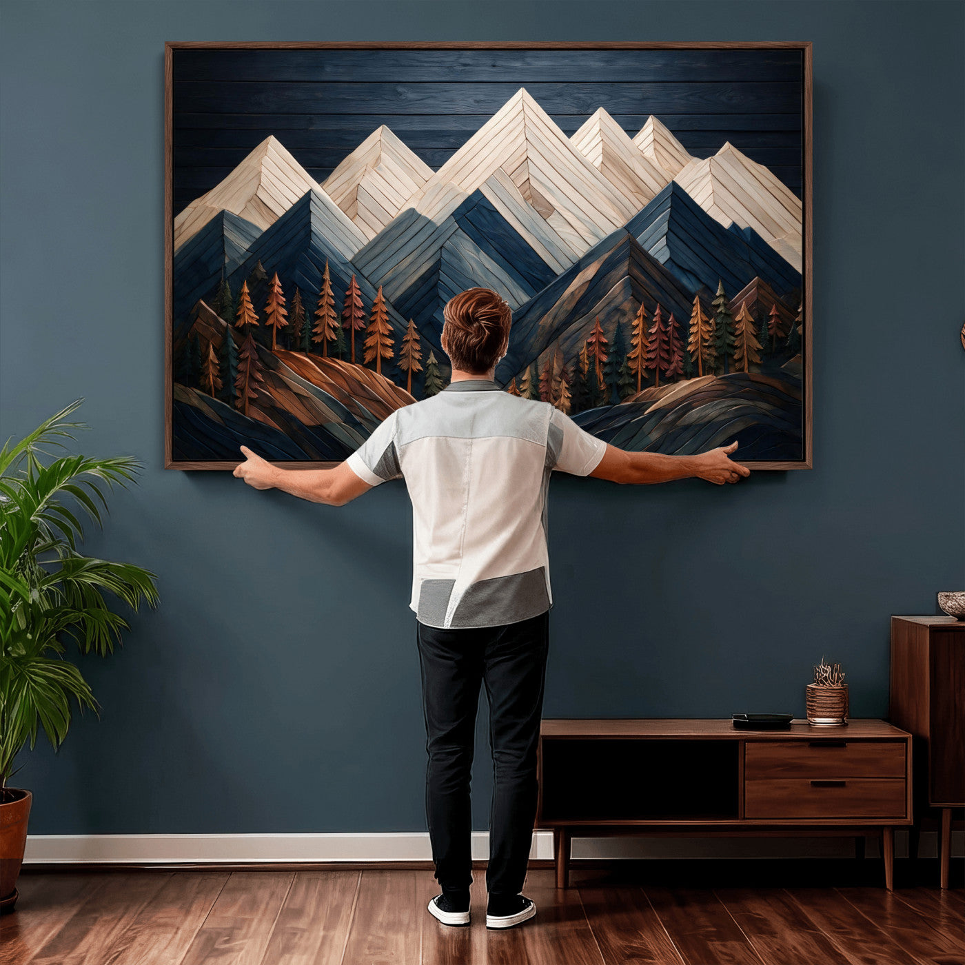 87765072-MGV-CV-36X24 - Geometric Wood Mountain Wall Art Canvas Print, 3D Look Rustic Mosaic Landscape Print