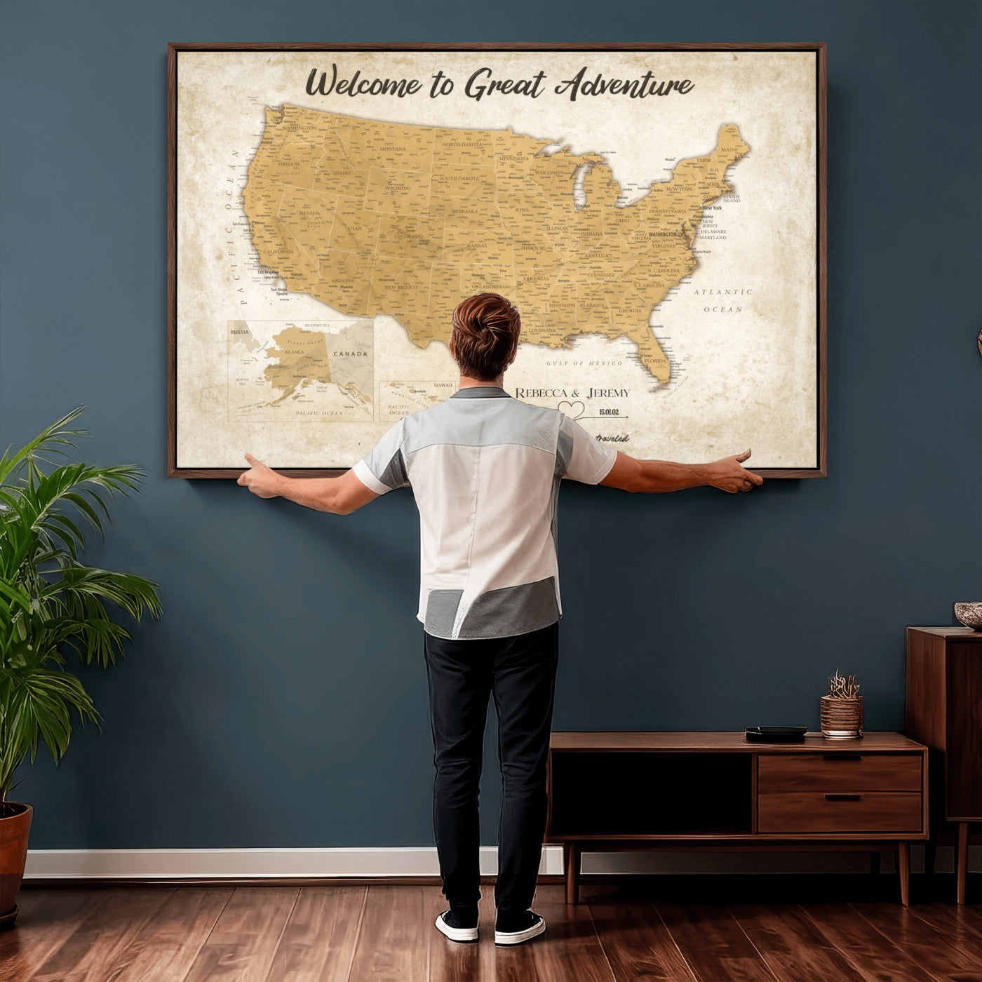 81437082-MGV-CV-36X24 - Custom Push Pin Travel USA Map Canvas Print, Cream Personalized Travel Tracker America Map, Anniversary Traveler Gift