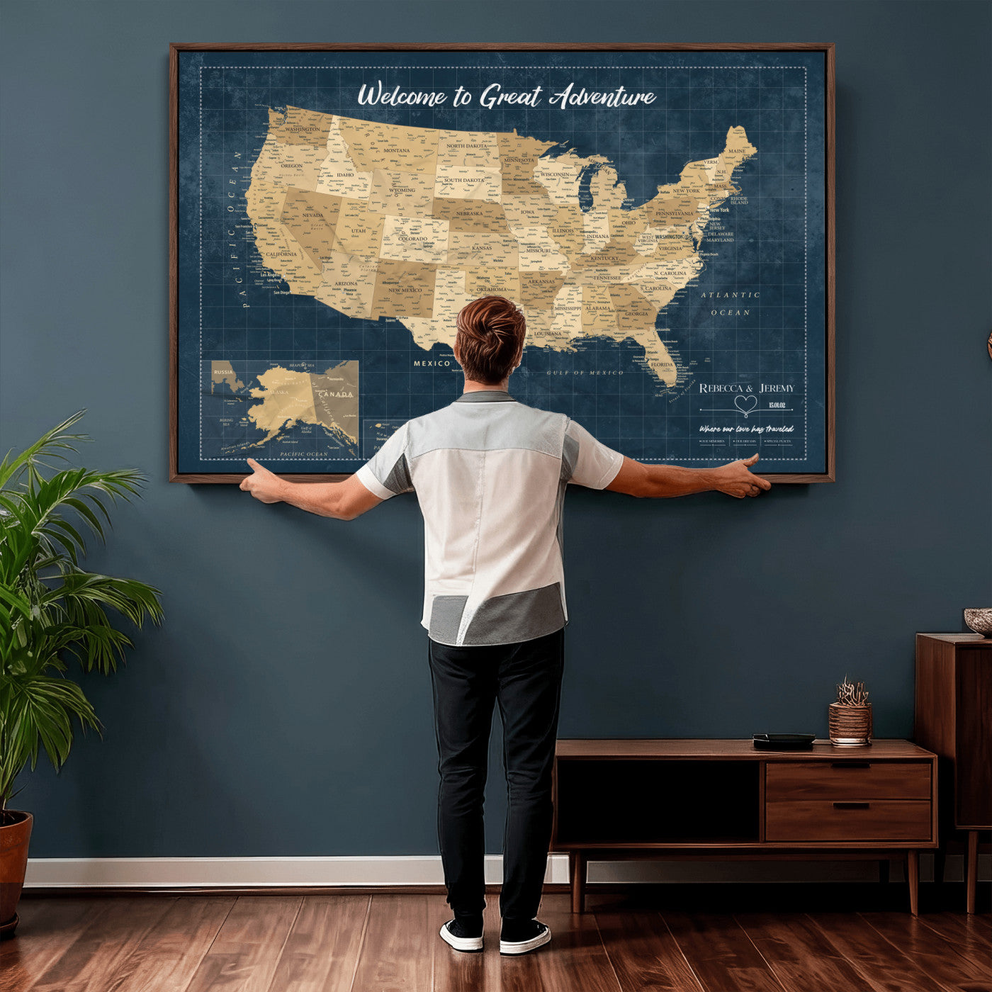 58851035-MGV-CV-36X24 - Custom Push Pin Travel USA Map Canvas Print, Cream Personalized Travel Tracker America Map, Anniversary Traveler Gift