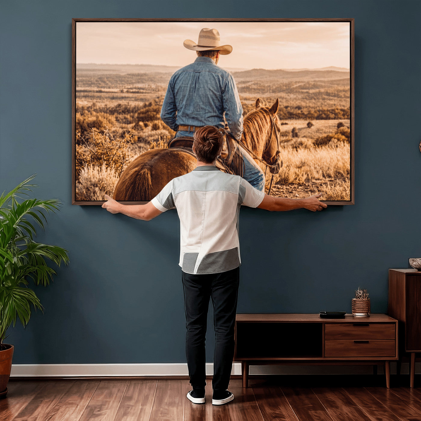 62076449-MGV-CV-36X24 - Texas Cowboy and Horse Print for Western Wall Art Decor for Farmhouse